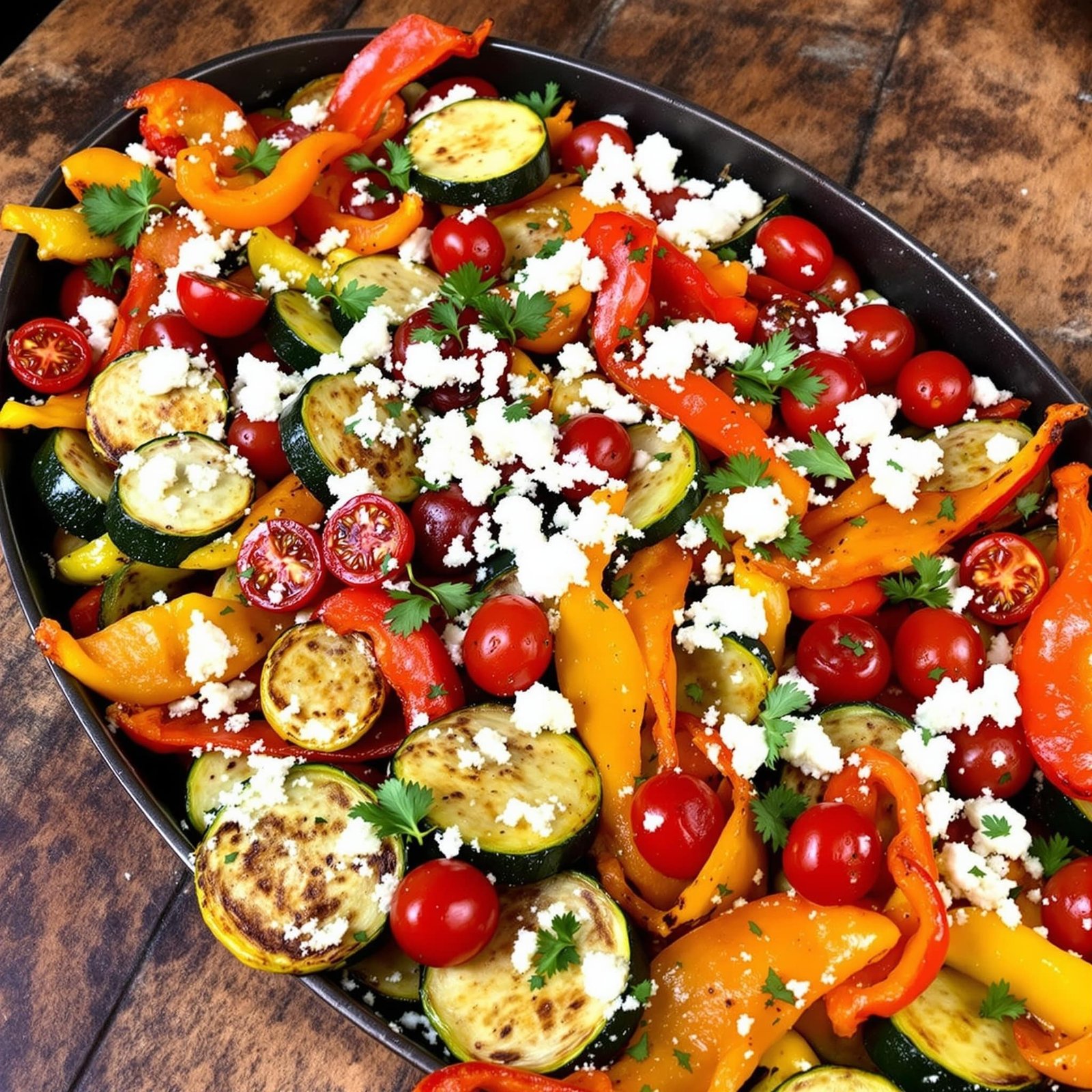 A vibrant dish of roasted vegetables with garlic and feta, featuring peppers, zucchini, and tomatoes, beautifully arranged on a wooden table.