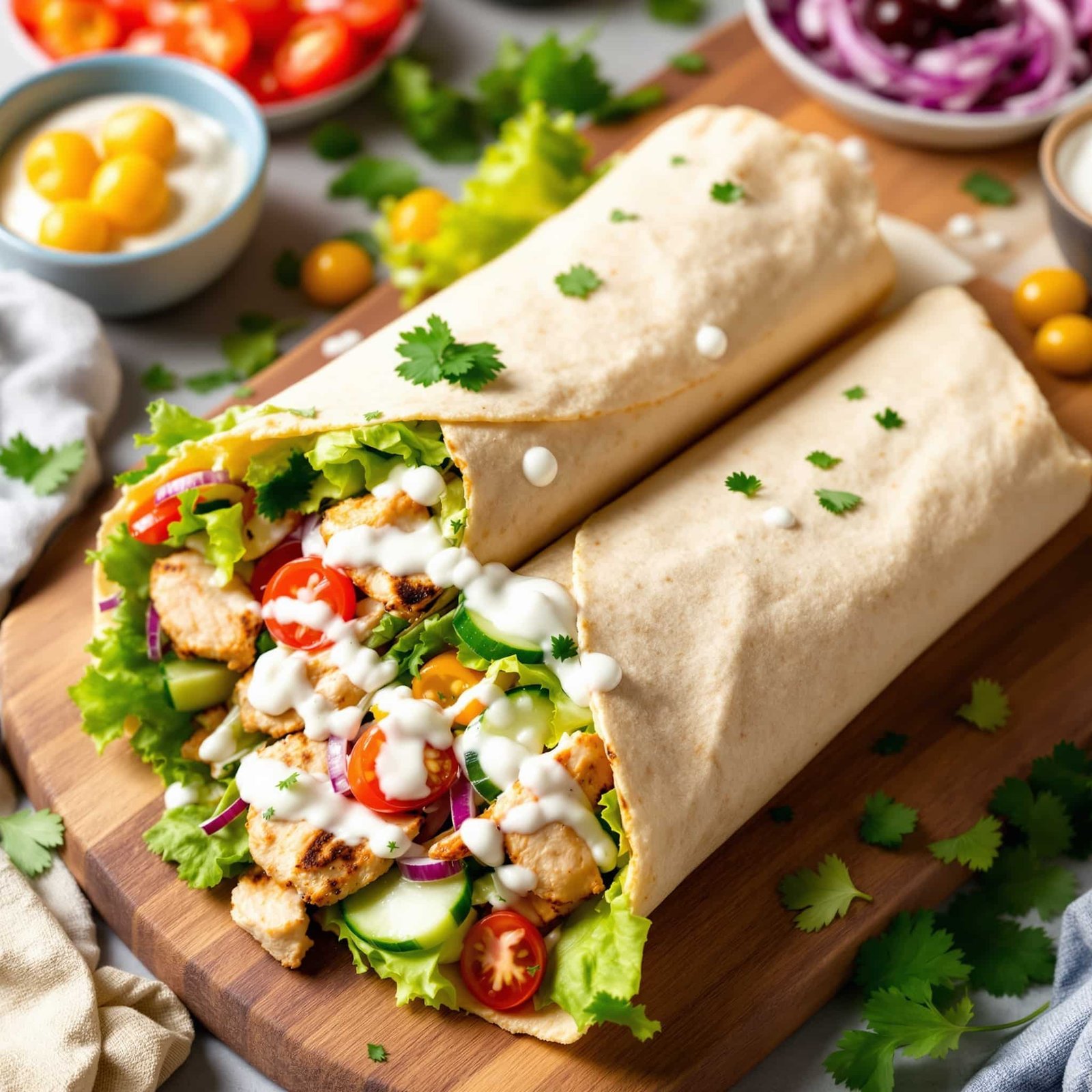 Mediterranean chicken wrap filled with veggies, served with yogurt sauce on a wooden board with fresh parsley.
