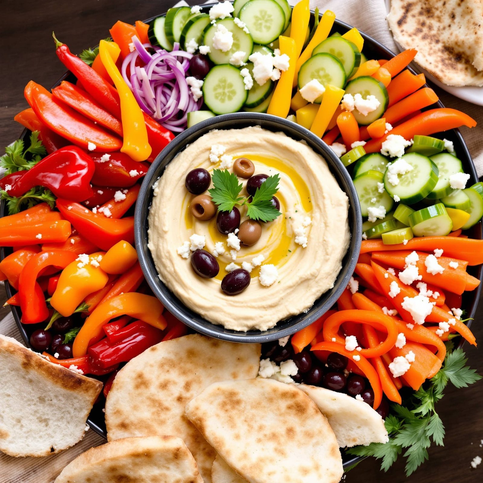 Mediterranean veggie plate with fresh vegetables, hummus, olives, and feta cheese, served with pita.