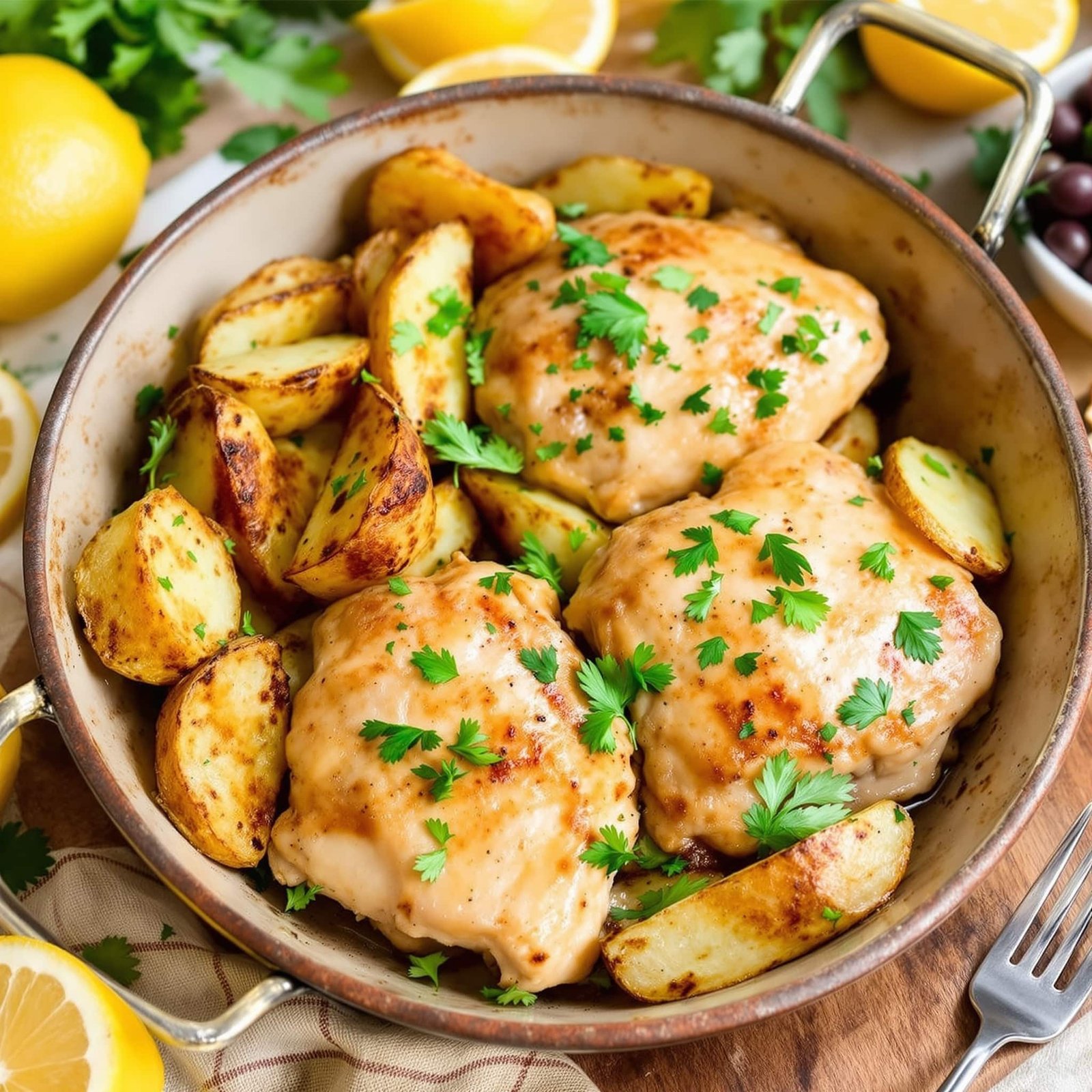Mediterranean Lemon Chicken served with roasted potatoes garnished with parsley and lemon slices.