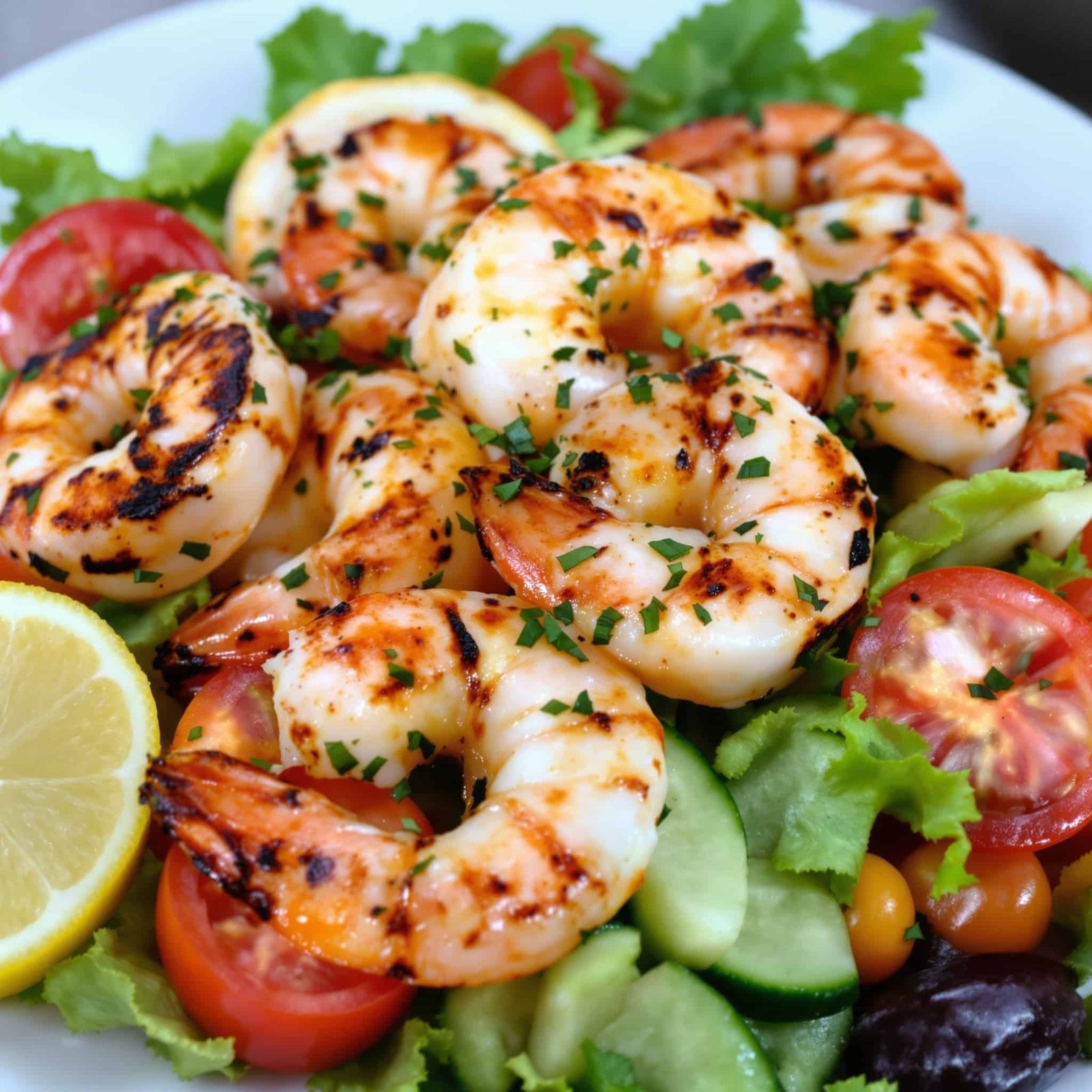 Grilled shrimp garnished with herbs on a plate with Mediterranean salad and a slice of lemon.