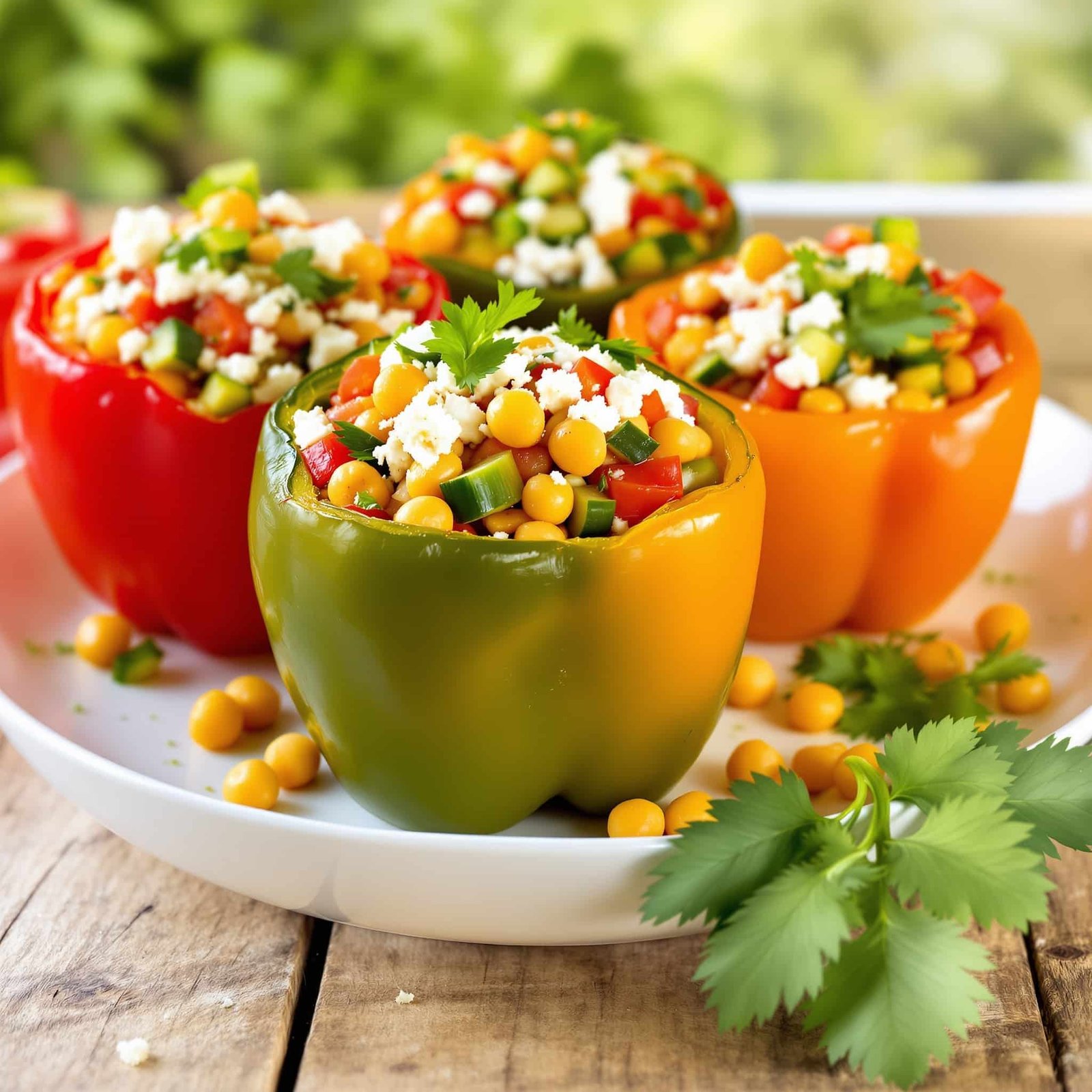 Stuffed bell peppers filled with chickpeas and feta cheese, garnished with parsley, on a rustic wooden table.