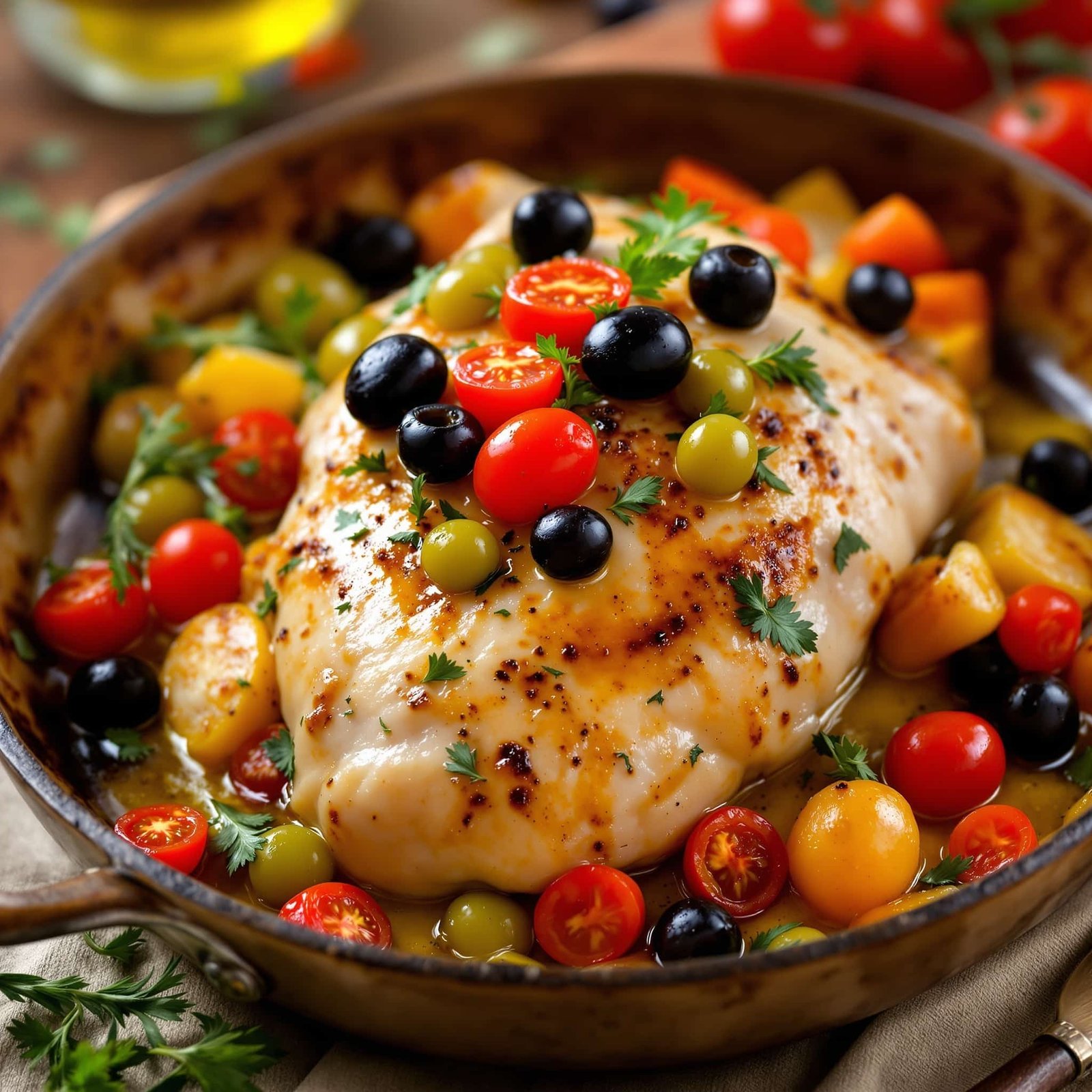Baked chicken thighs with olives and cherry tomatoes in a baking dish.