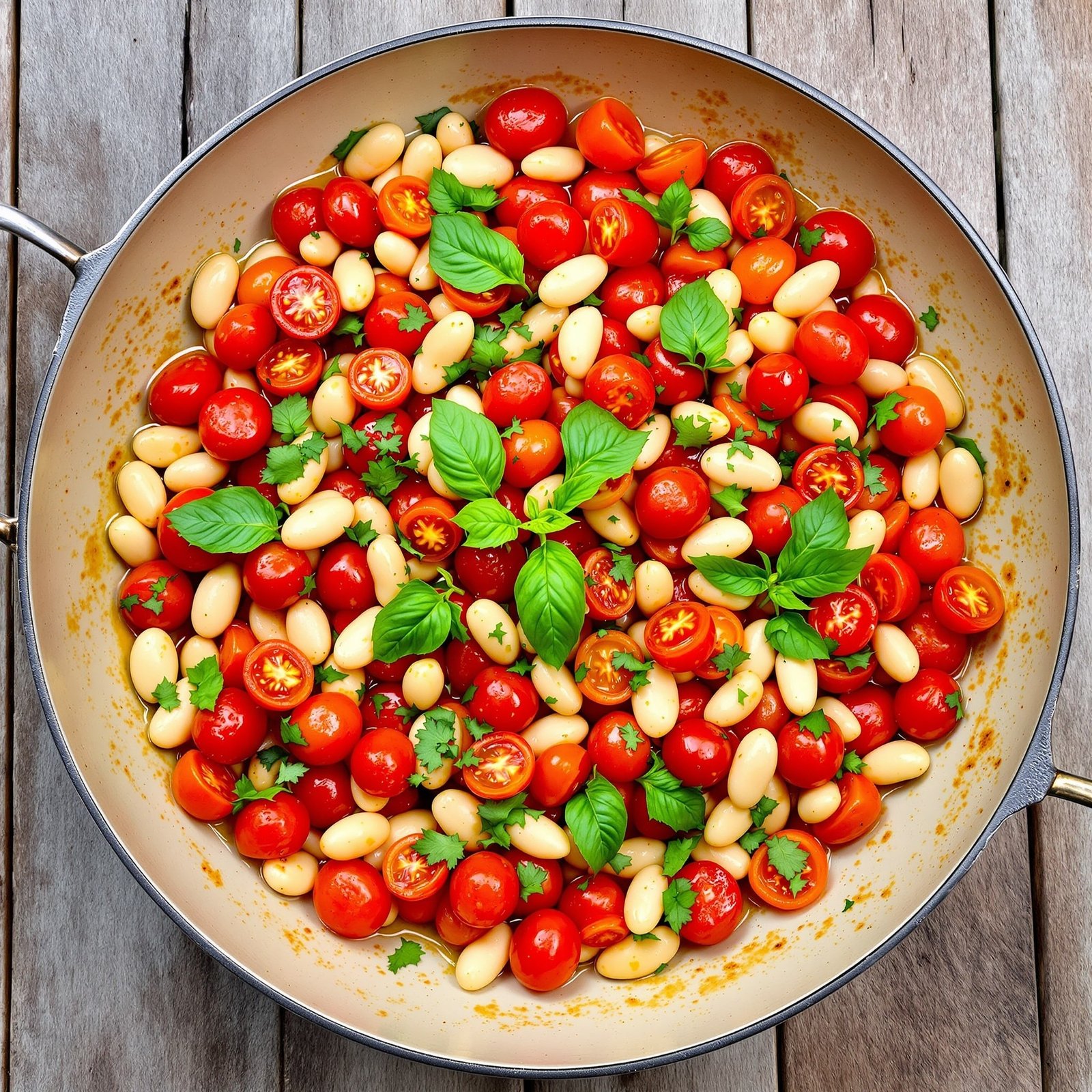 A hearty skillet with tomatoes and white beans, garnished with basil leaves, on a rustic wooden table.