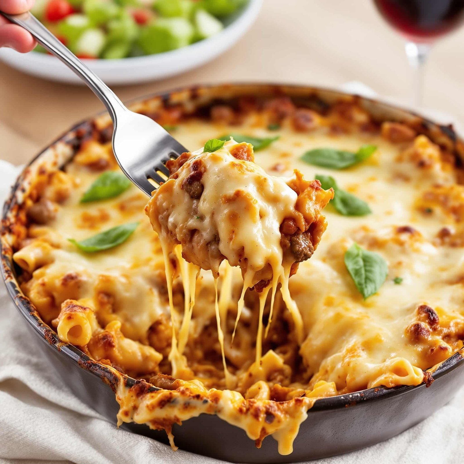 Cheesy beef pasta bake with melted cheese and basil, served in a rustic dish on a dining table.