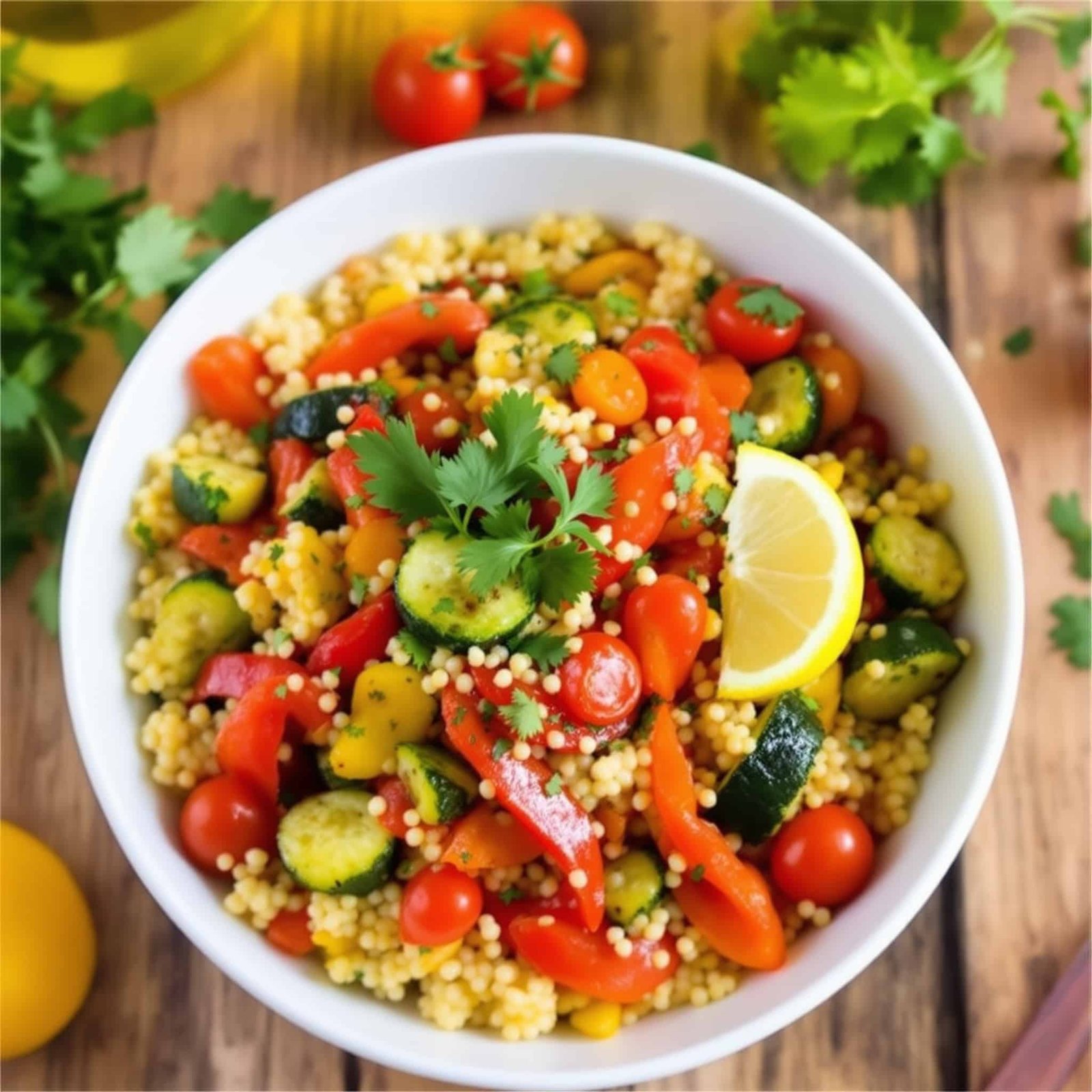 A vibrant bowl of couscous mixed with roasted vegetables like bell peppers, zucchini, and tomatoes, garnished with parsley, on a rustic table.