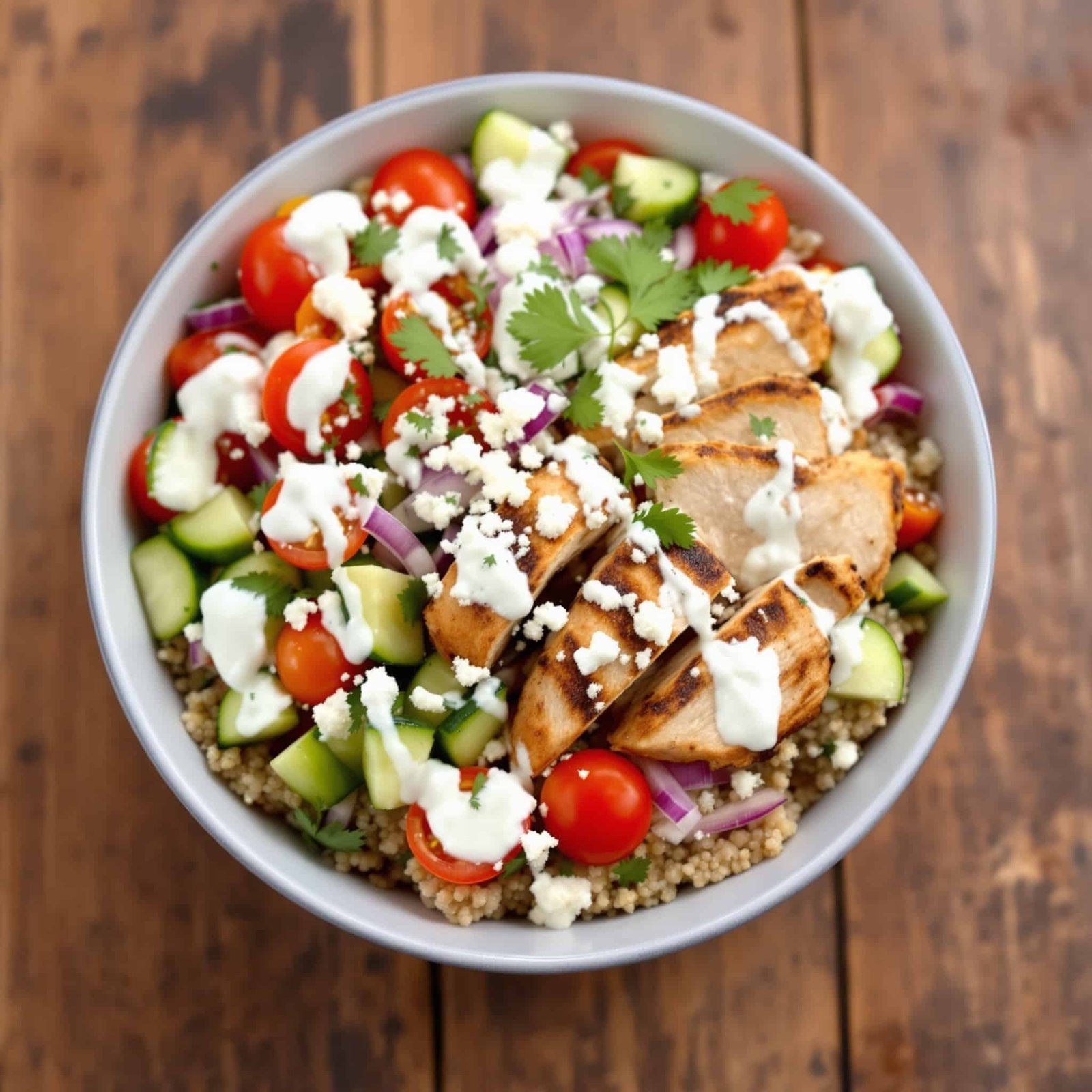 Greek Chicken Gyro Bowl with grilled chicken, quinoa, tzatziki sauce, colorful vegetables, garnished with feta and parsley.