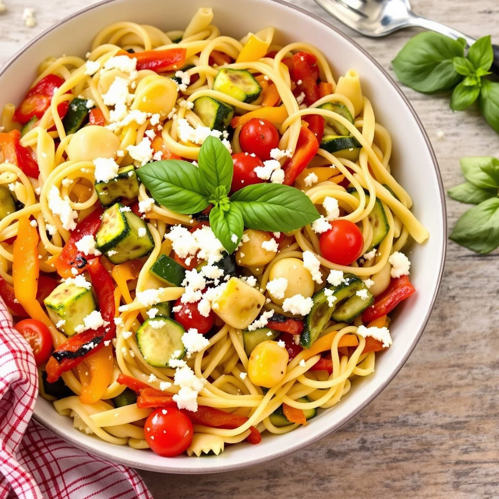 A bowl of Mediterranean roasted vegetable pasta with colorful vegetables and feta on a rustic wooden table.