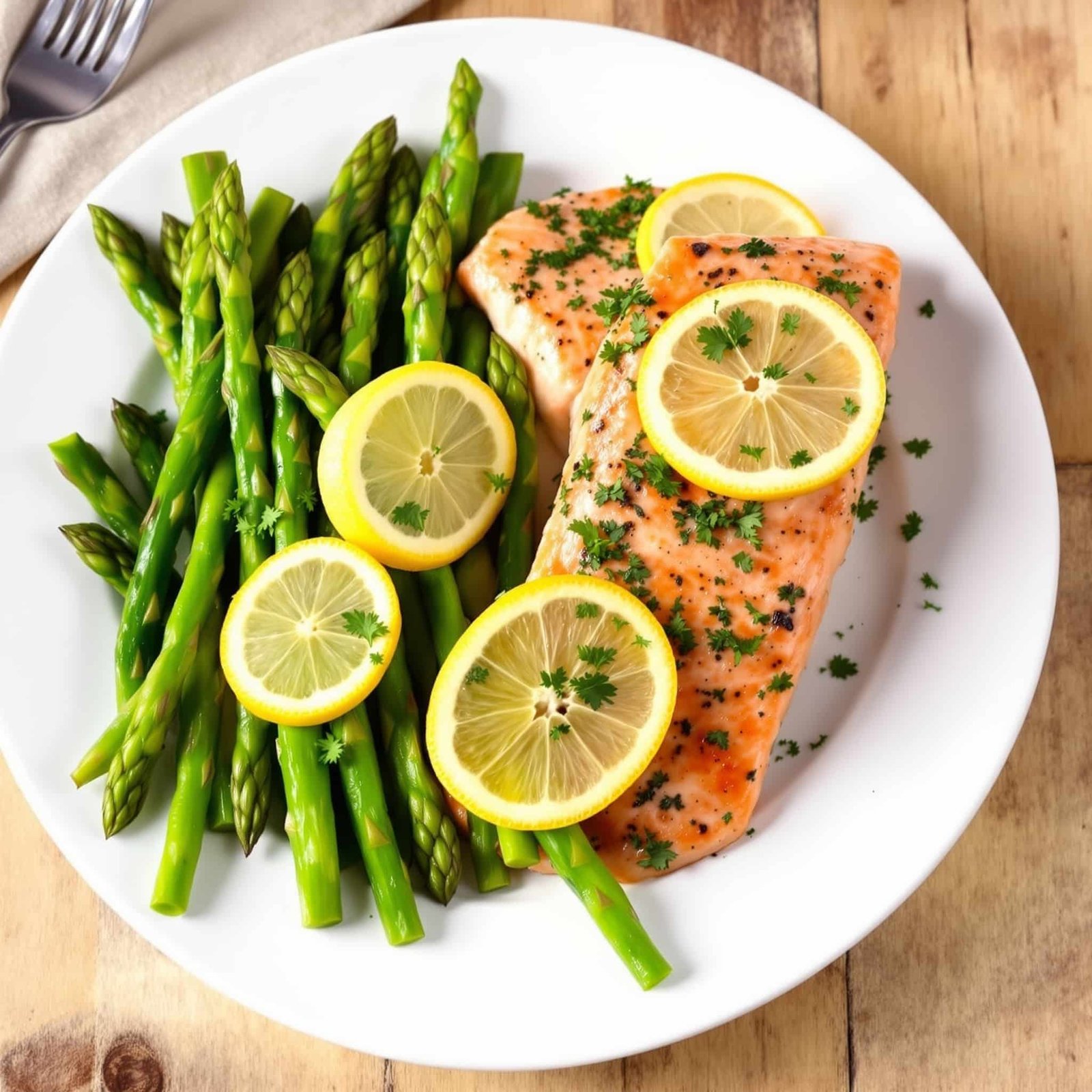 Plated garlic herb salmon with asparagus, garnished with lemon and parsley on a rustic wooden table.