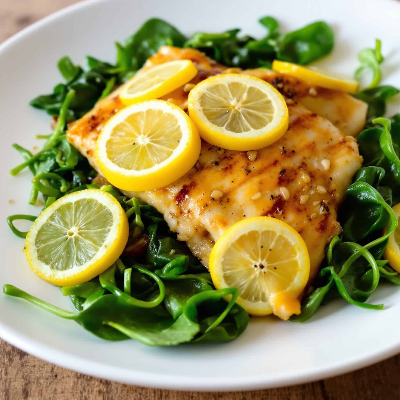 Lemon Garlic Tilapia served on a bed of spinach with lemon slices, on a rustic wooden table.
