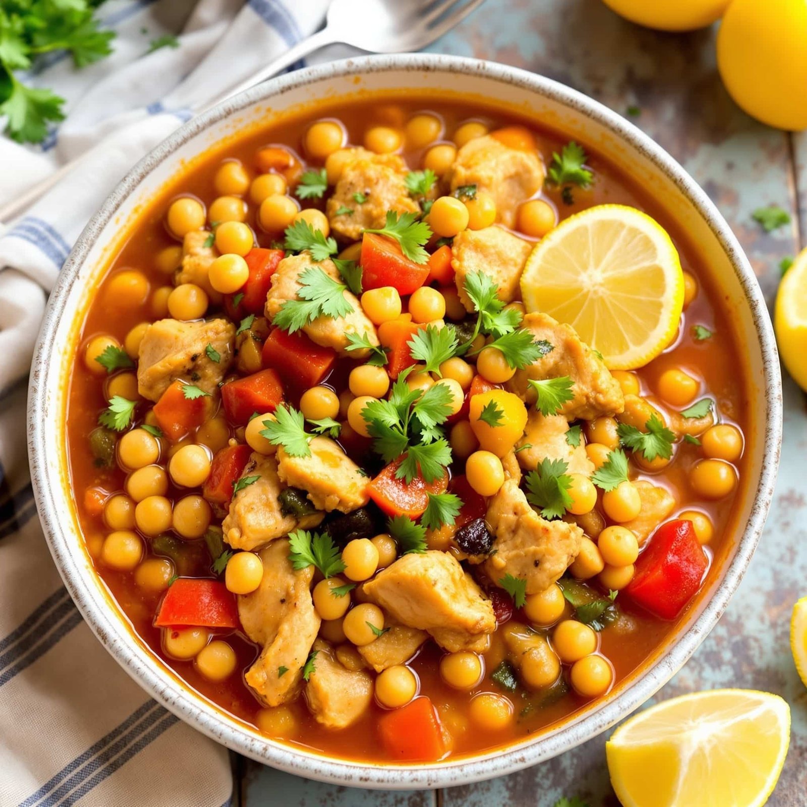 A hearty bowl of chicken and chickpea stew with vegetables and parsley, complemented by lemon wedges on a rustic table.
