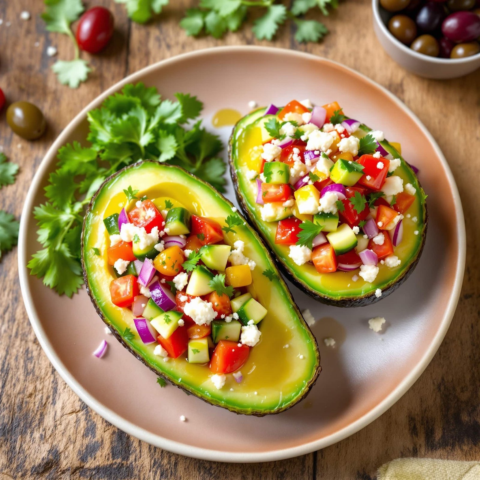 Two stuffed avocado halves filled with Greek salad ingredients on a plate, garnished with olives and herbs.