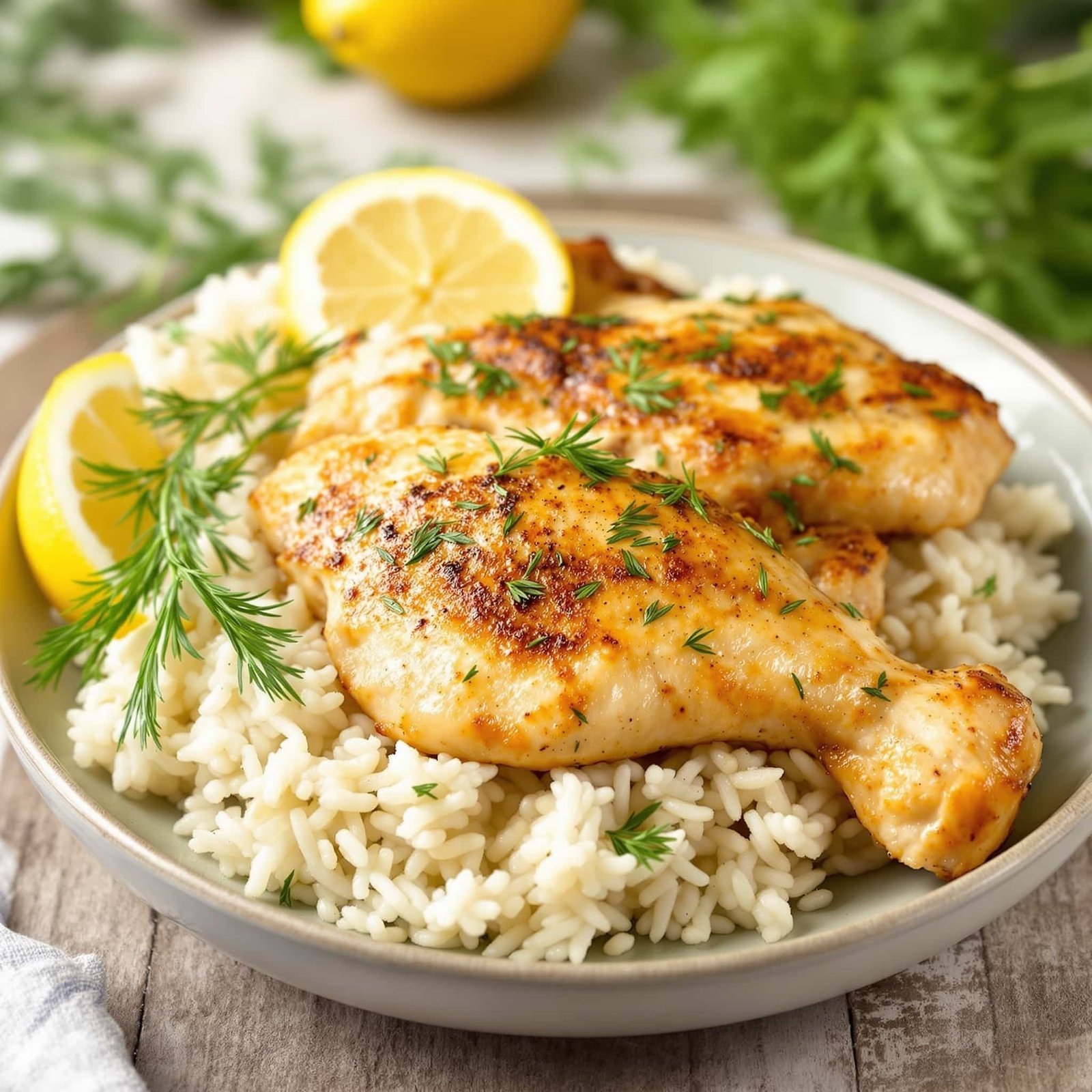 Lemon Dill Chicken with Rice, garnished with fresh herbs and lemon, on a rustic table.