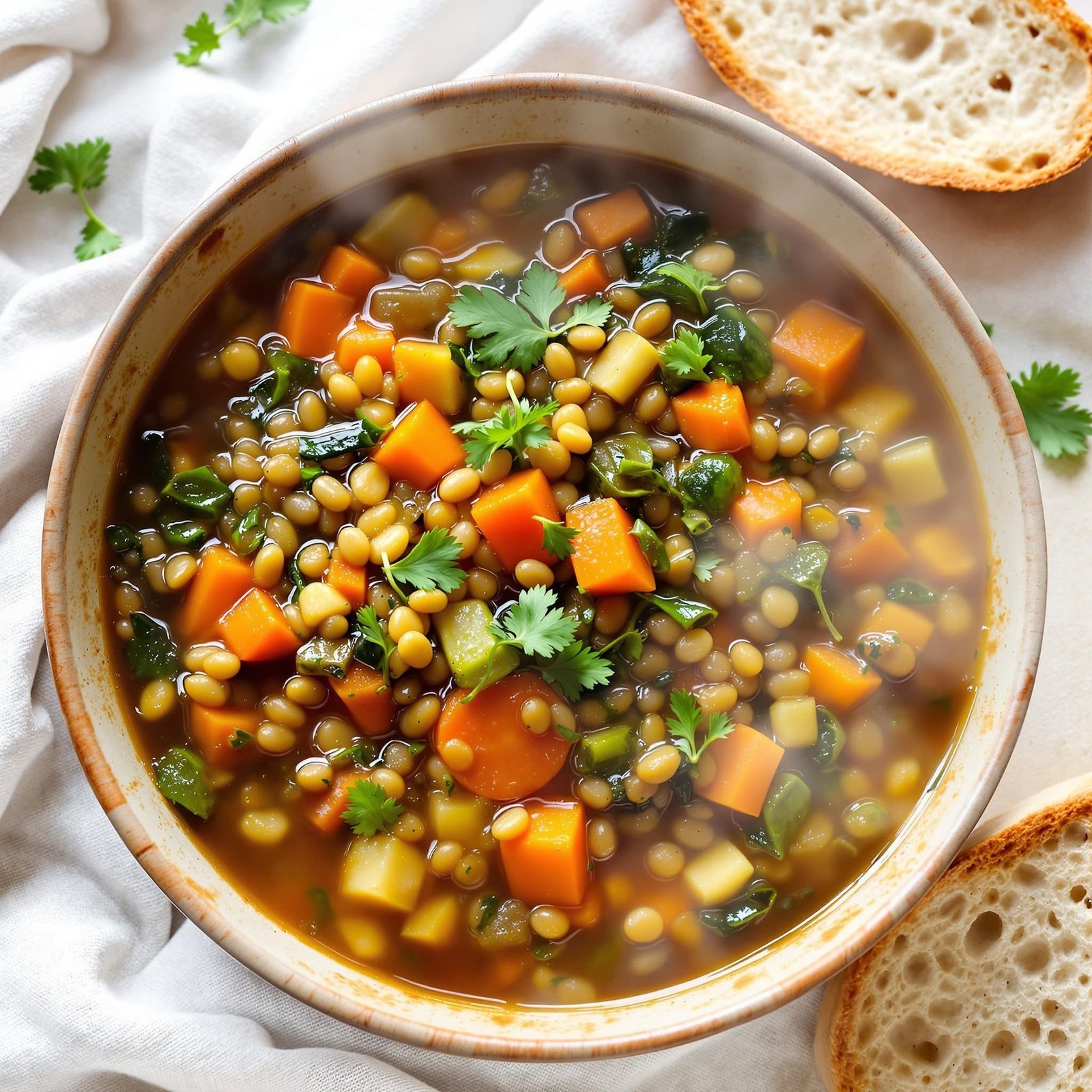 Mediterranean Lentil and Vegetable Soup with vibrant vegetables and parsley garnish, served with bread.