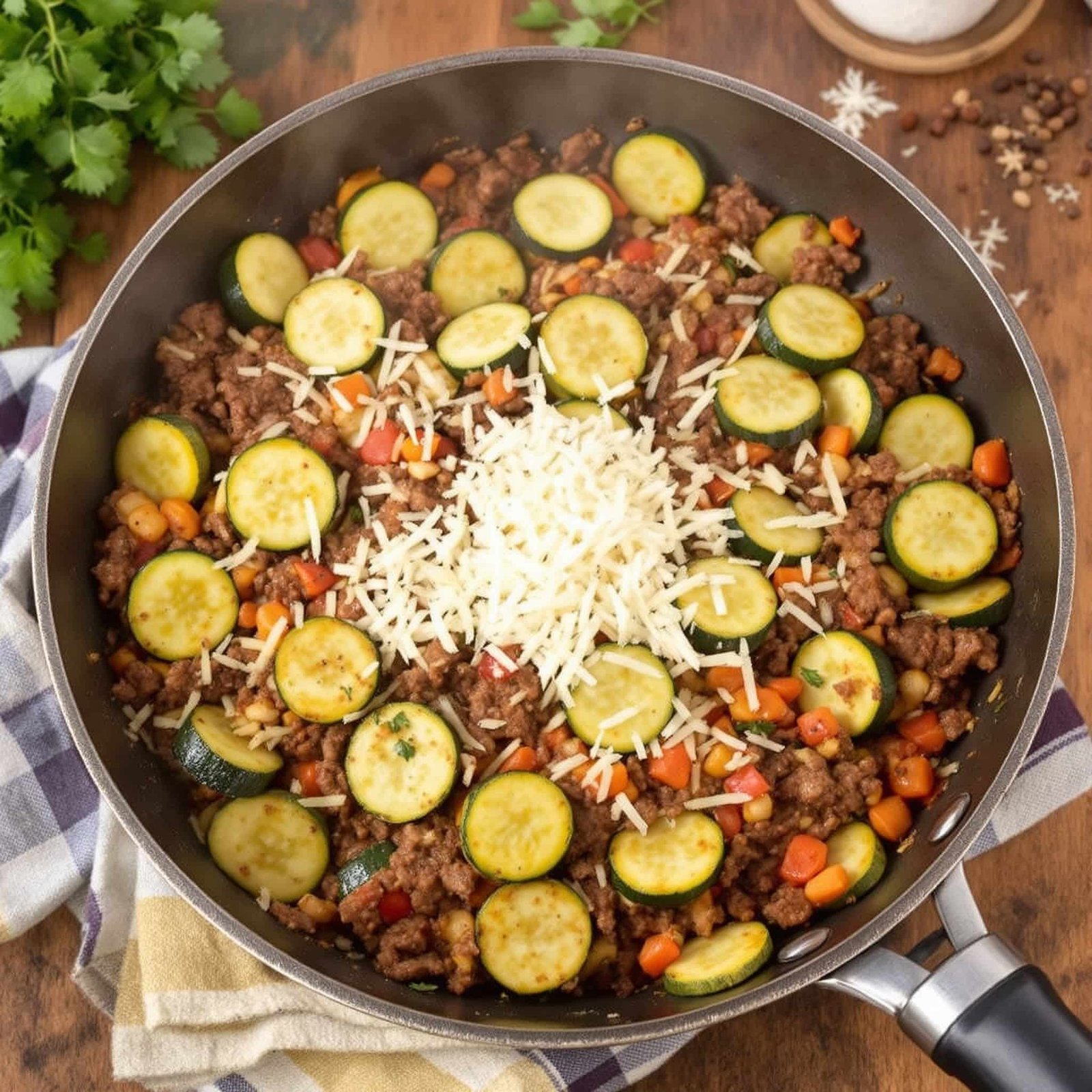 A beef and zucchini skillet with ground beef, sliced zucchini, and melted cheese, served in a skillet on a wooden table.