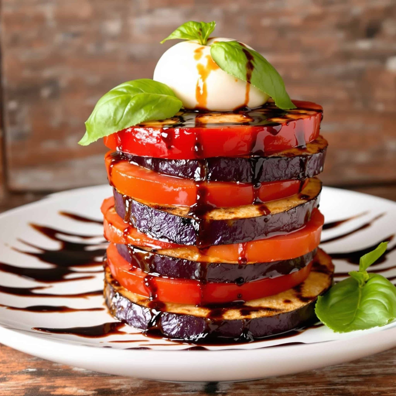 Grilled eggplant and tomato stacks with mozzarella and basil, drizzled with balsamic reduction on a rustic plate.