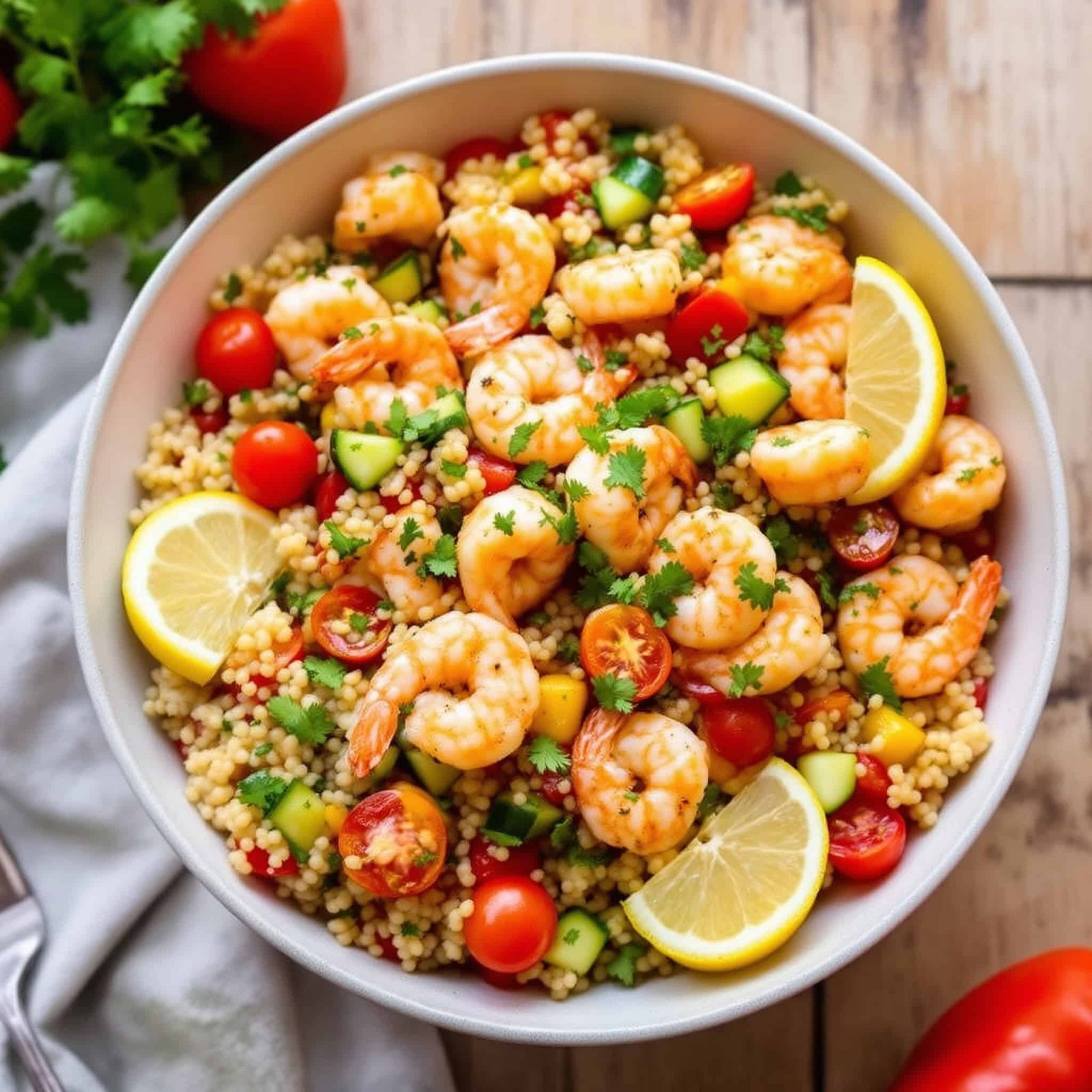 Mediterranean Shrimp and Couscous Bowl Recipe A colorful bowl of Mediterranean shrimp and couscous with fresh vegetables on a wooden table.