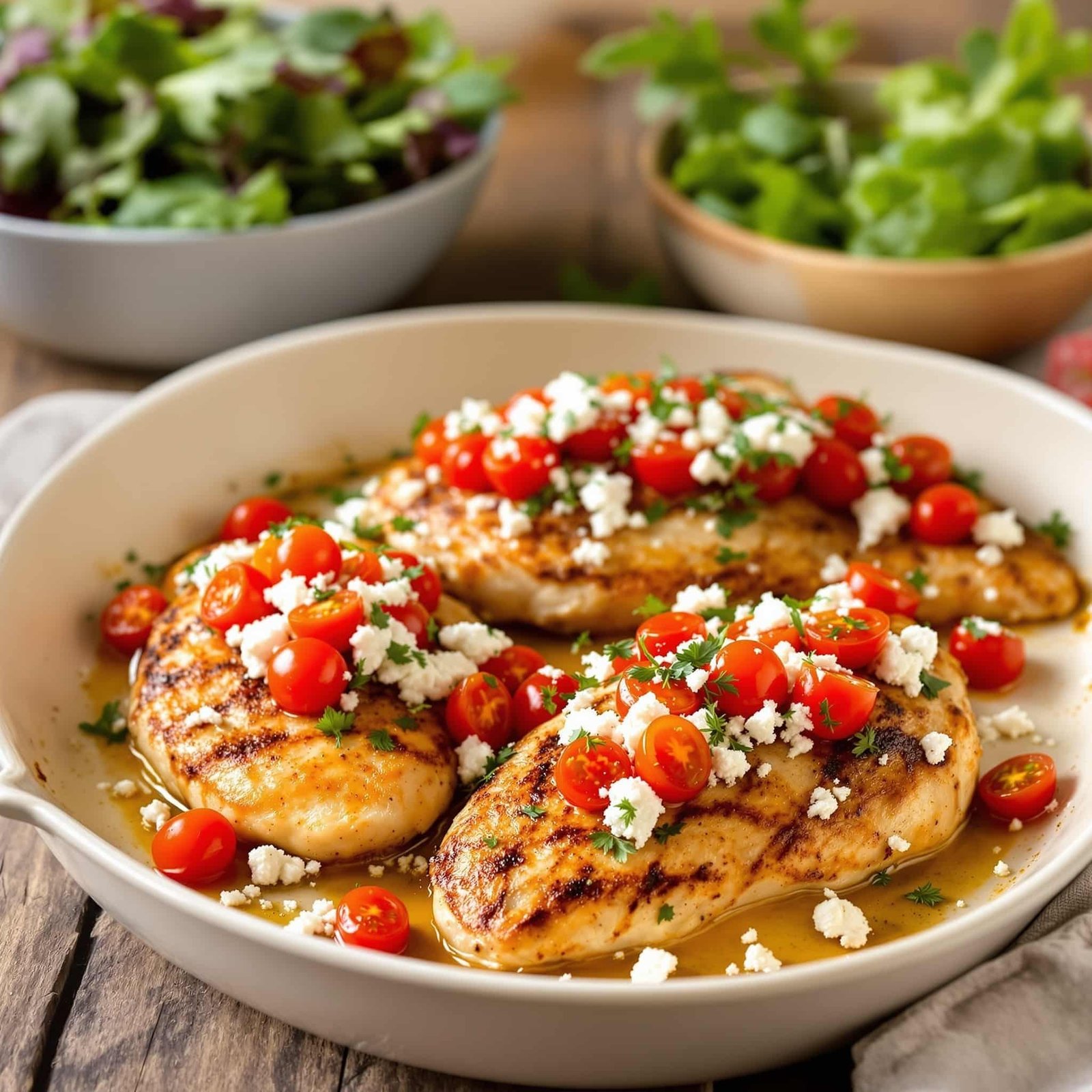 Baked chicken with tomatoes and feta in a baking dish, garnished with herbs, served with a salad.