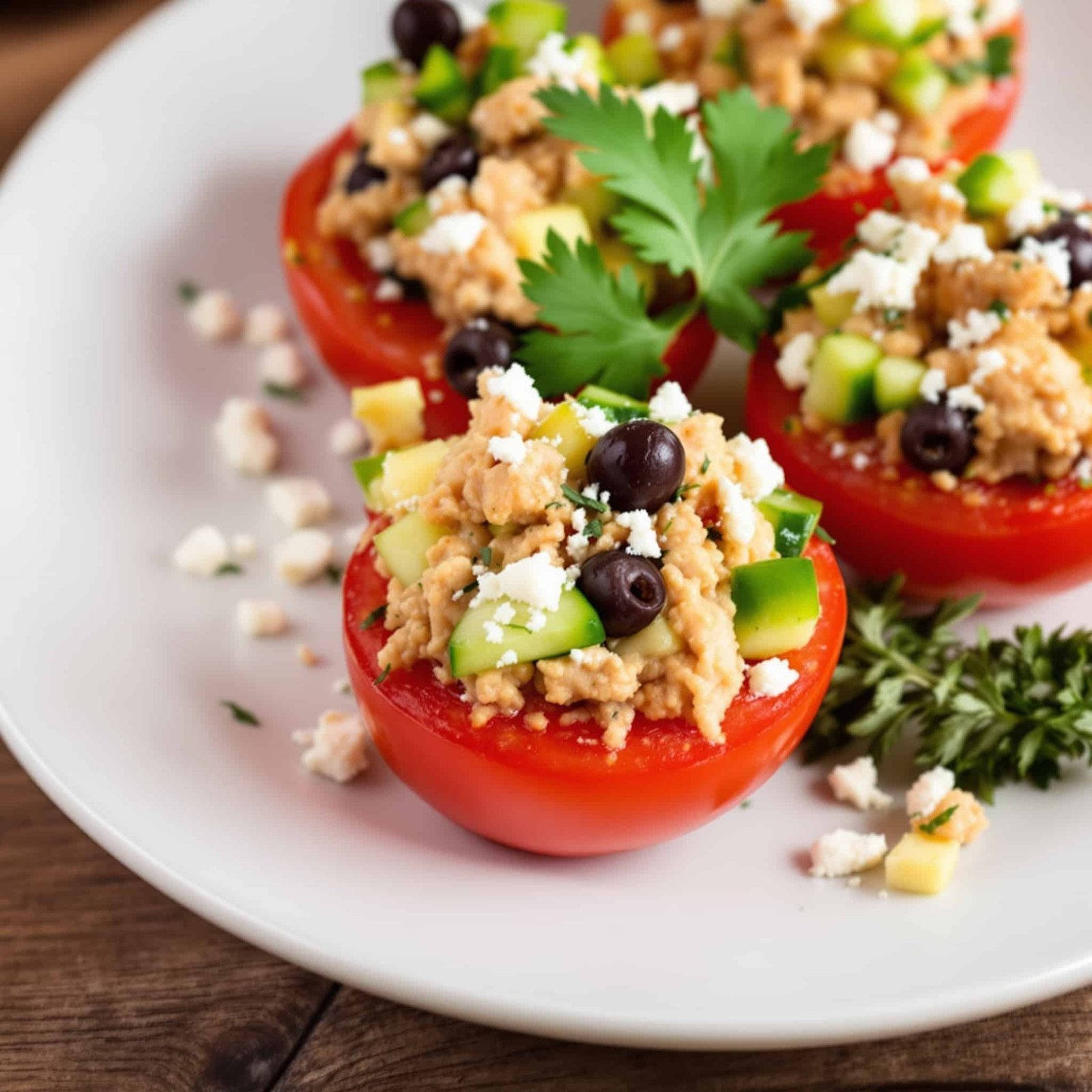 Four stuffed tomatoes with tuna, cucumbers, olives, and feta on a plate with fresh parsley garnish.