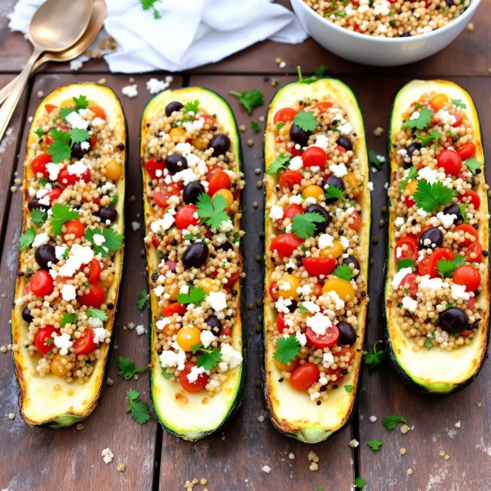 Zucchini boats stuffed with quinoa, tomatoes, olives, and feta cheese, garnished with parsley, on a wooden table.