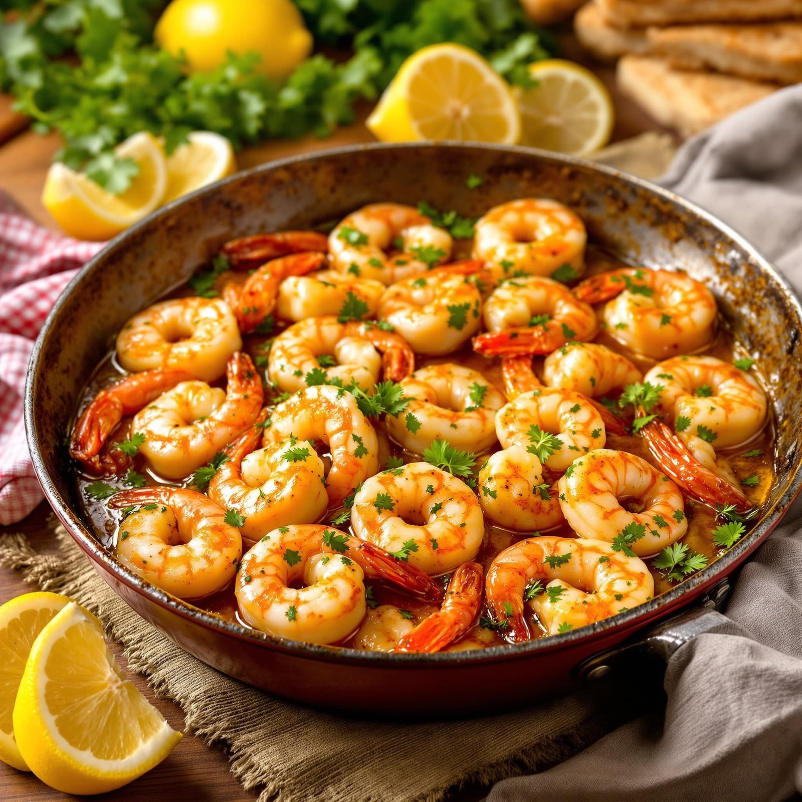 A delicious garlic lemon roasted shrimp skillet with parsley and lemon wedges, surrounded by a rustic kitchen setting.