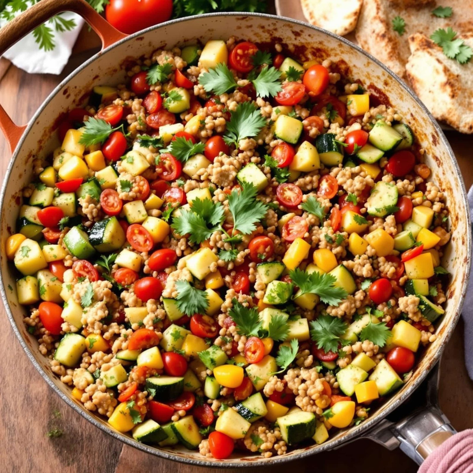 A colorful skillet filled with Mediterranean turkey and mixed vegetables, garnished with parsley on a rustic table.