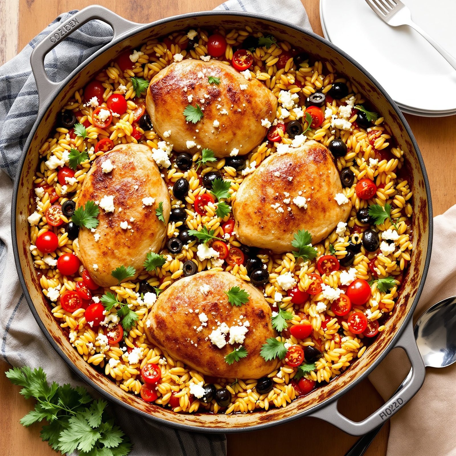 Greek Chicken and Orzo Bake with chicken thighs, orzo, tomatoes, olives, and feta cheese garnished with parsley in a casserole dish.
