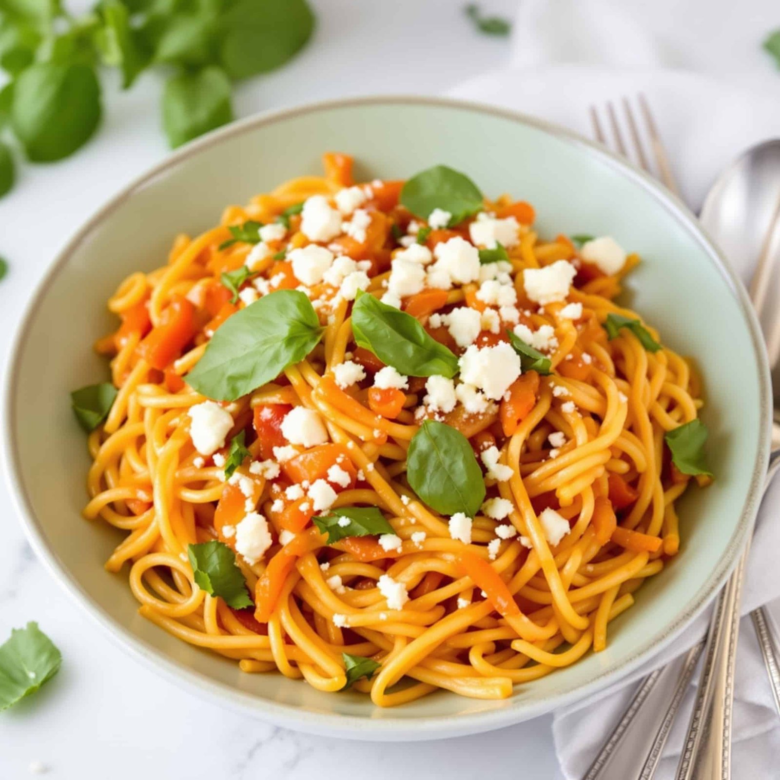 Creamy roasted red pepper and feta pasta garnished with basil and feta cheese on a white plate.