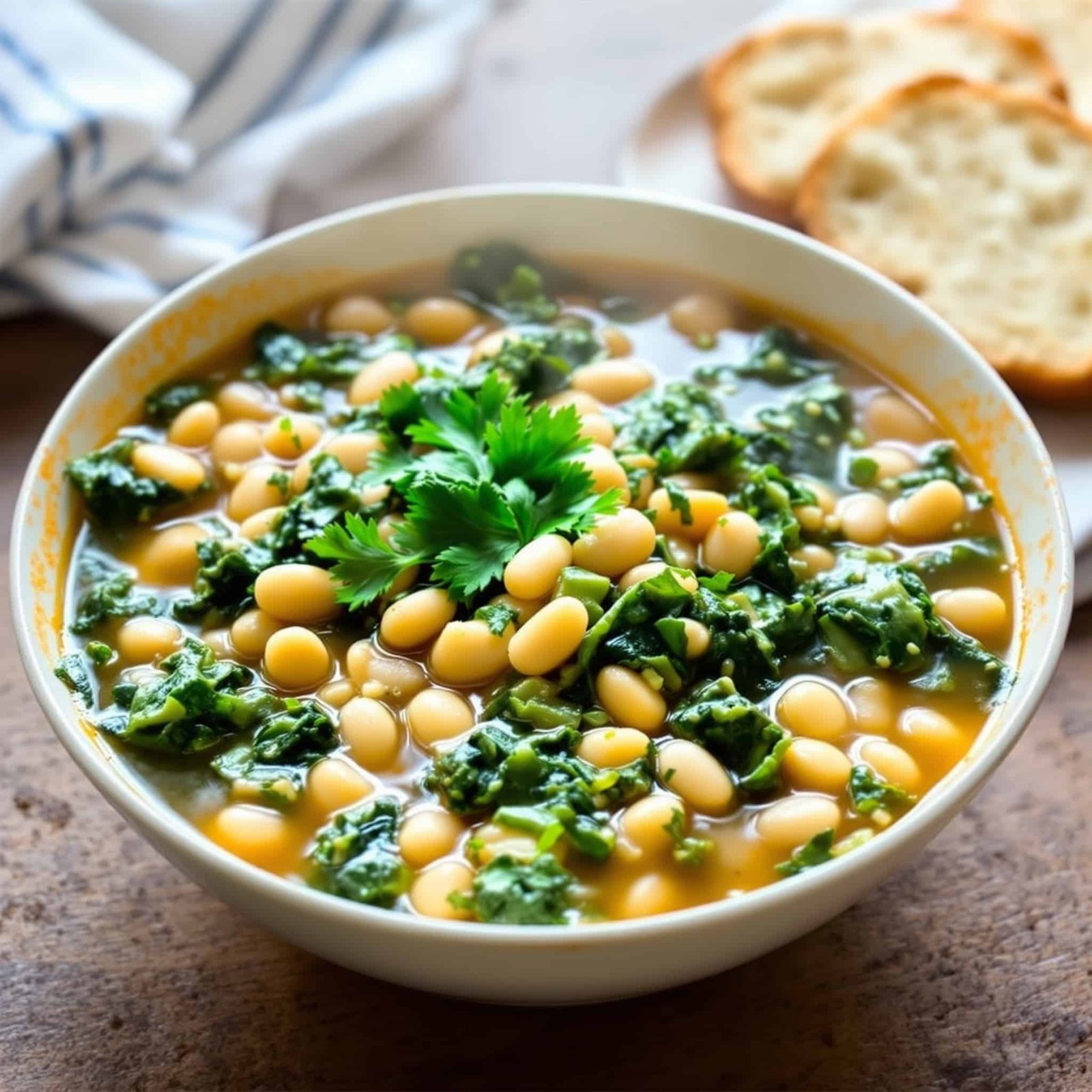 Mediterranean White Bean and Kale Soup in a bowl, garnished with parsley, with crusty bread on a rustic table.