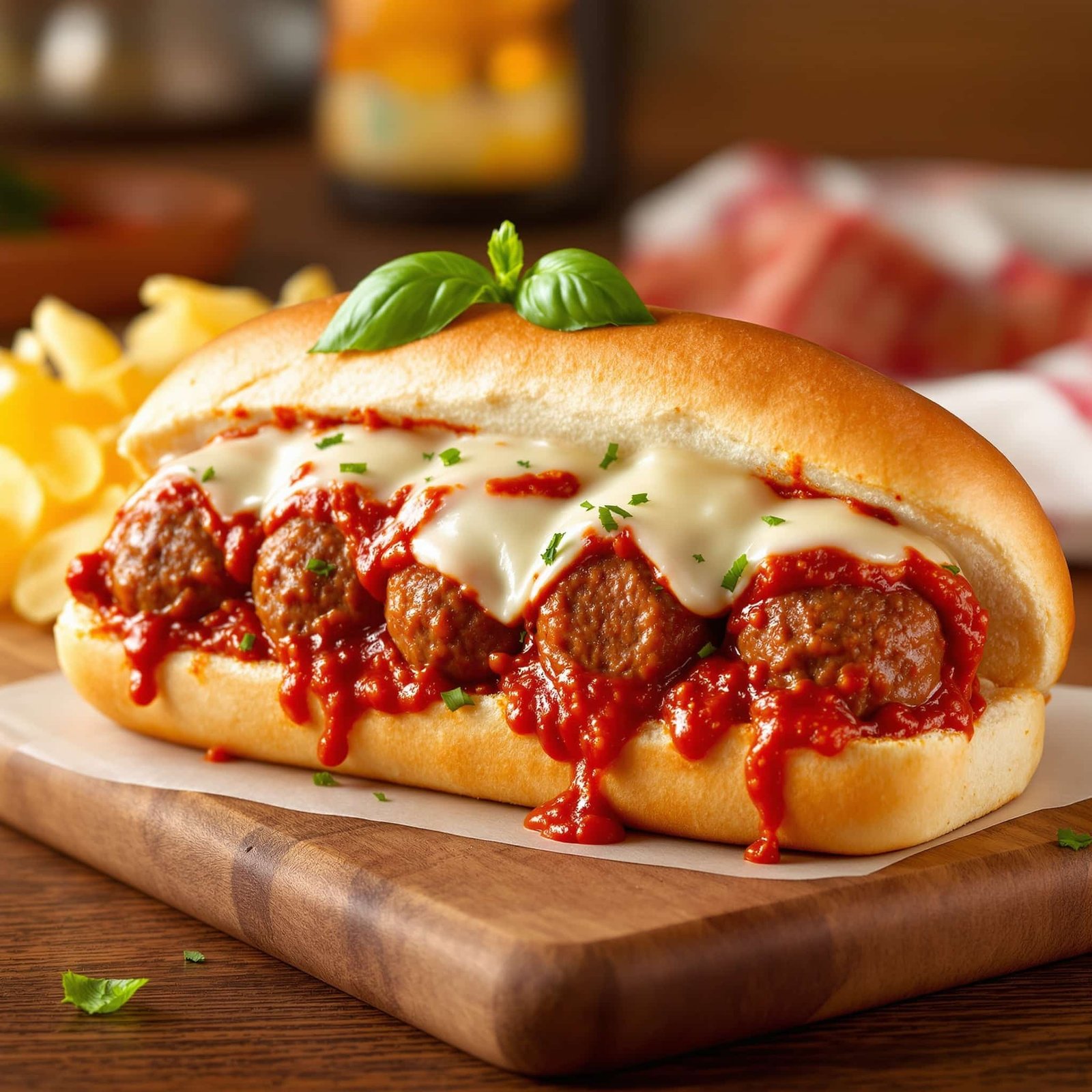 A beef meatball sub with marinara sauce and melted mozzarella cheese on a wooden board.