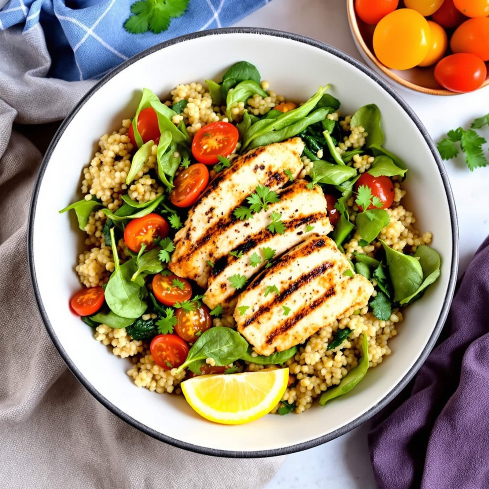Lemon garlic chicken and quinoa bowl with fresh spinach and cherry tomatoes, garnished with parsley and lemon.