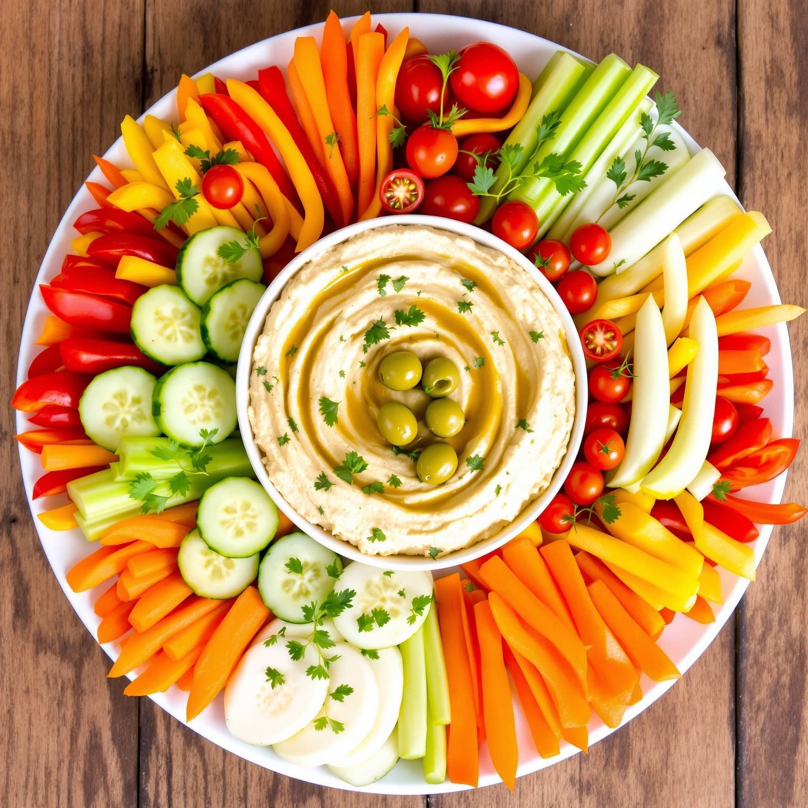 A colorful Mediterranean hummus platter with fresh vegetables: bell peppers, cucumbers, tomatoes, and carrot sticks around a bowl of hummus.