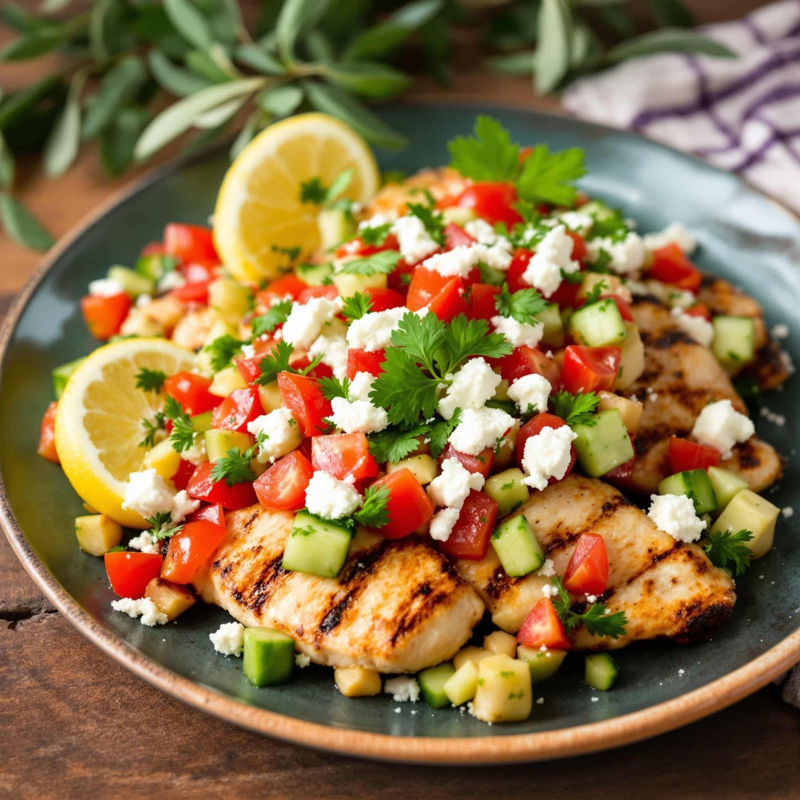 Grilled chicken with Mediterranean salsa on a plate, garnished with parsley and lemon, set on a rustic table.