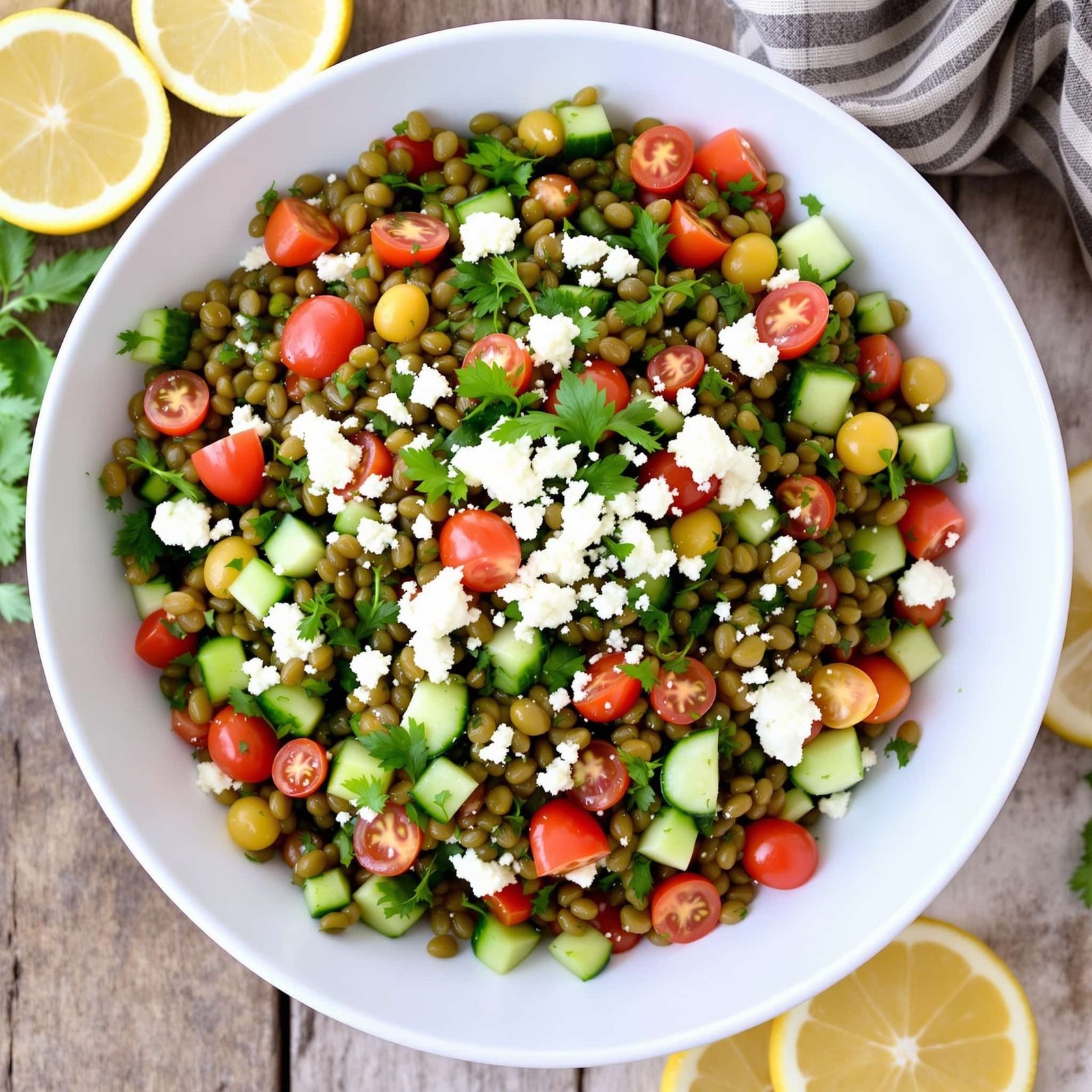 A colorful Mediterranean lentil salad with cherry tomatoes, cucumber, and herbs on a rustic table.