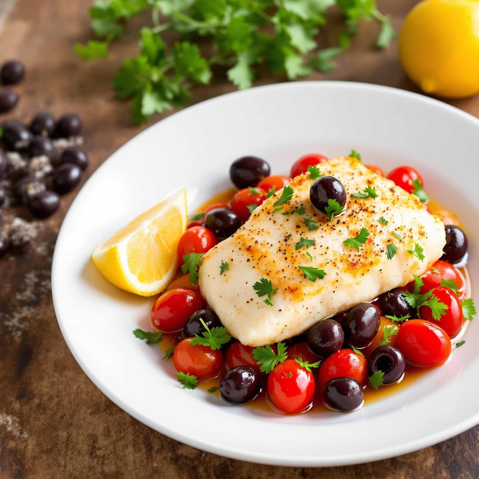 Baked cod with cherry tomatoes and olives served on a white plate, garnished with parsley, with a fresh lemon wedge.