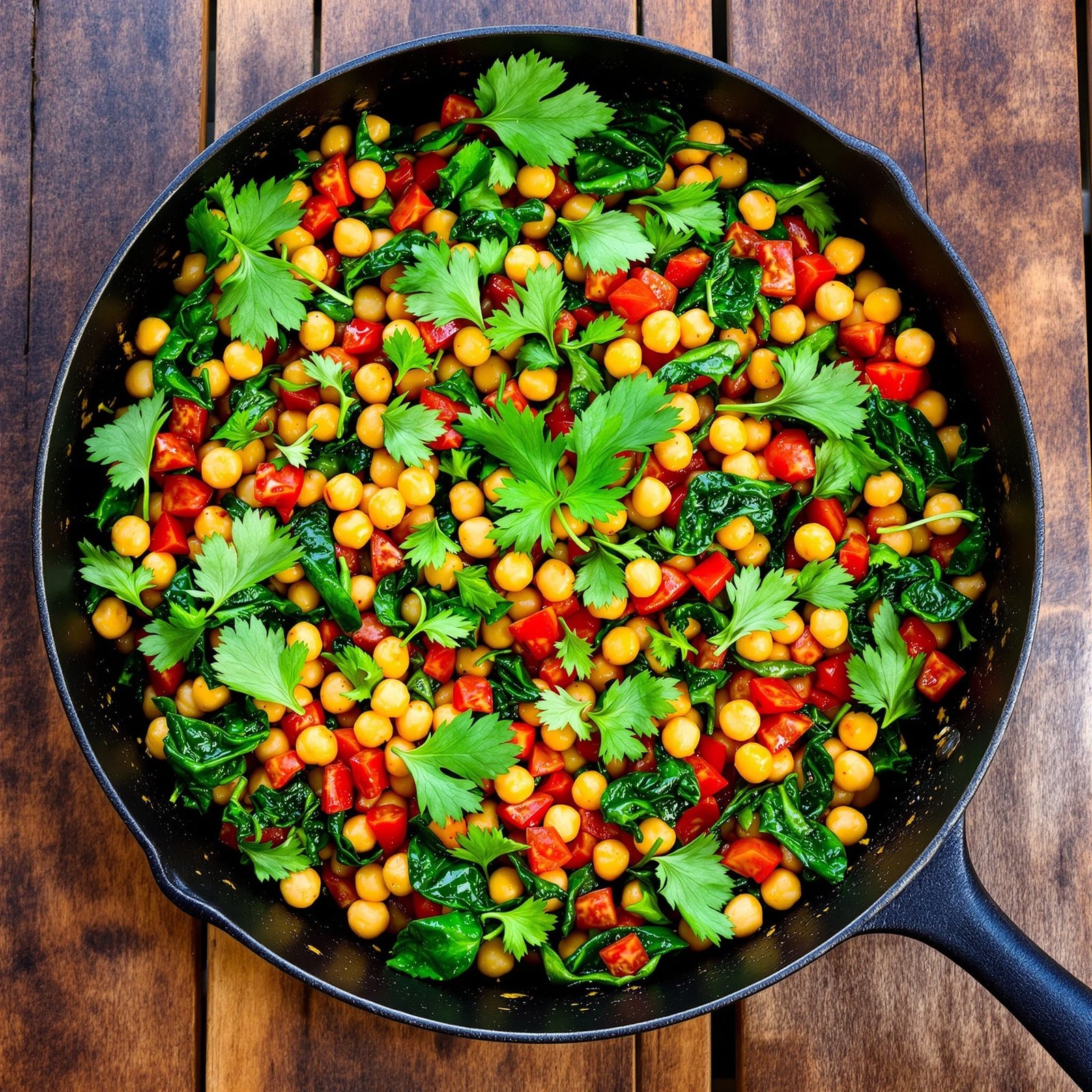 Chickpea and spinach tomato skillet garnished with parsley, served in a rustic skillet on a wooden table.