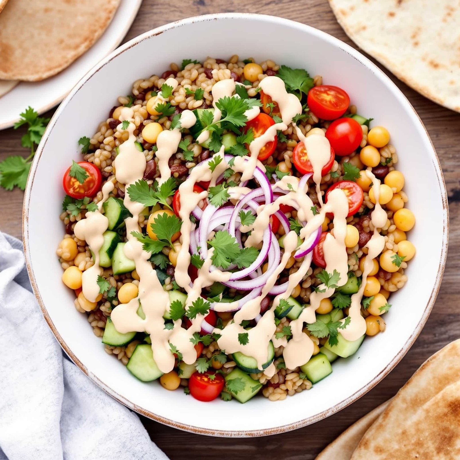 Mediterranean farro bowl with chickpeas and vegetables, drizzled with tahini, on a rustic wooden table.