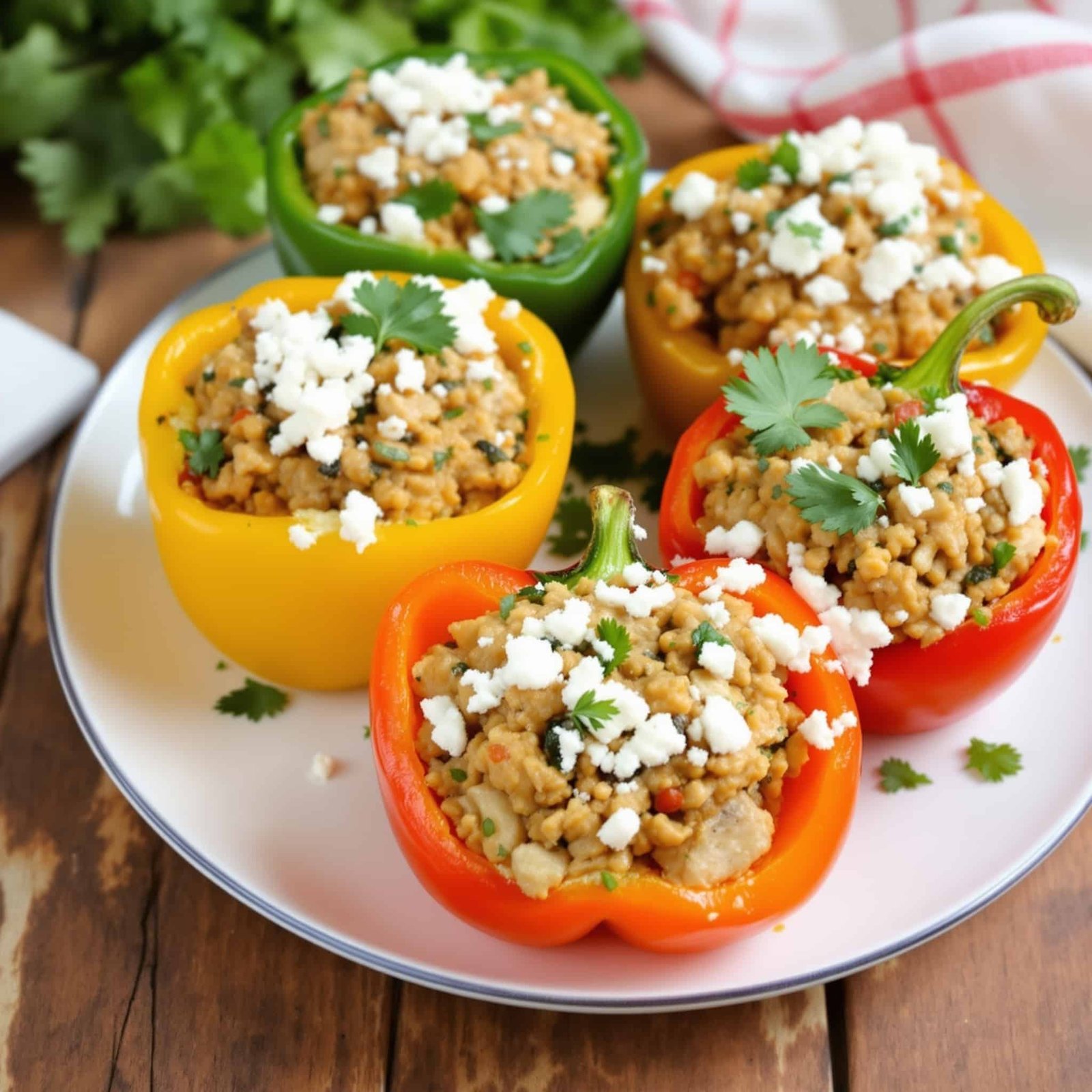 Colorful stuffed peppers filled with chicken and rice, topped with feta cheese and garnished with parsley.