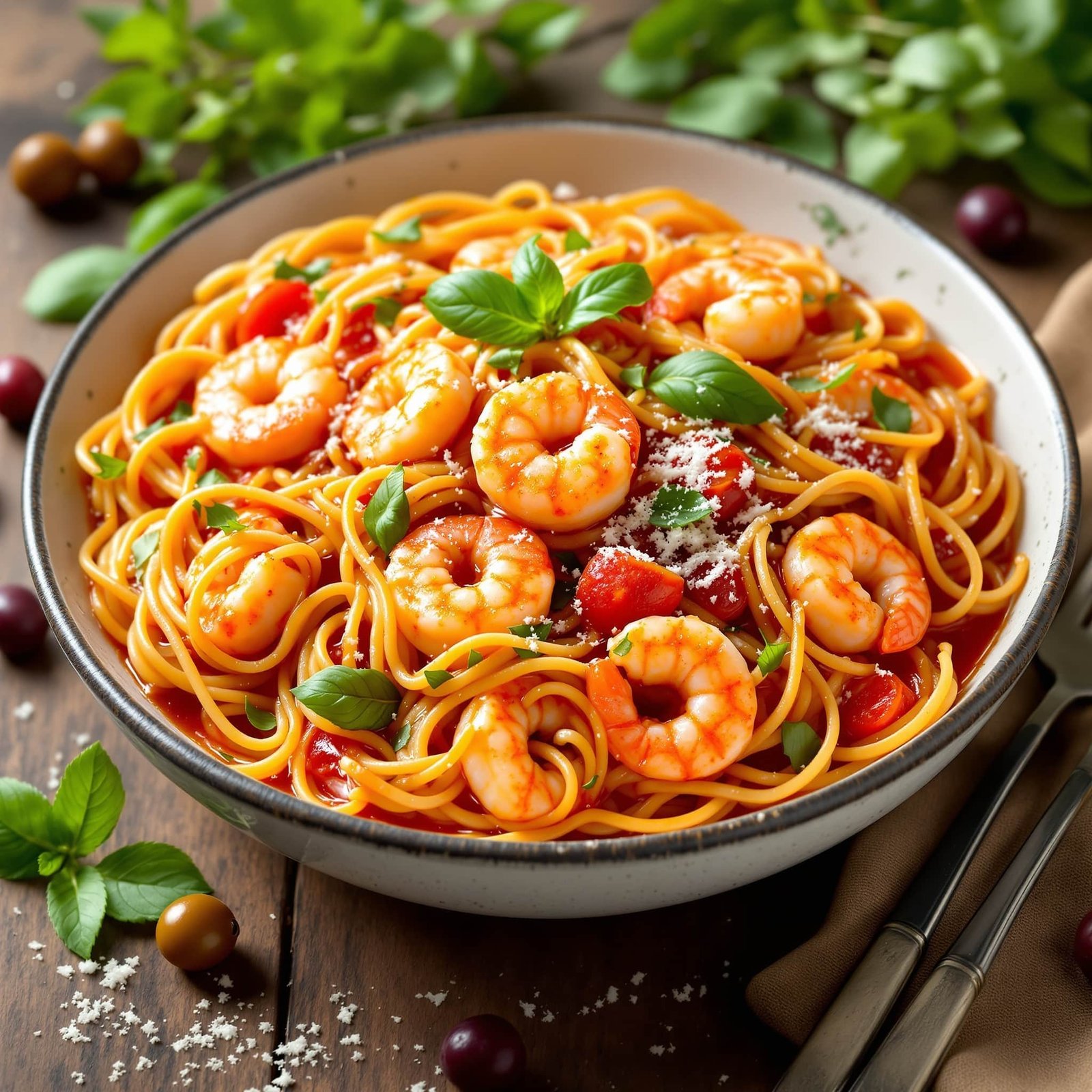 A colorful bowl of Mediterranean shrimp pasta with tomatoes and basil, garnished with Parmesan cheese.
