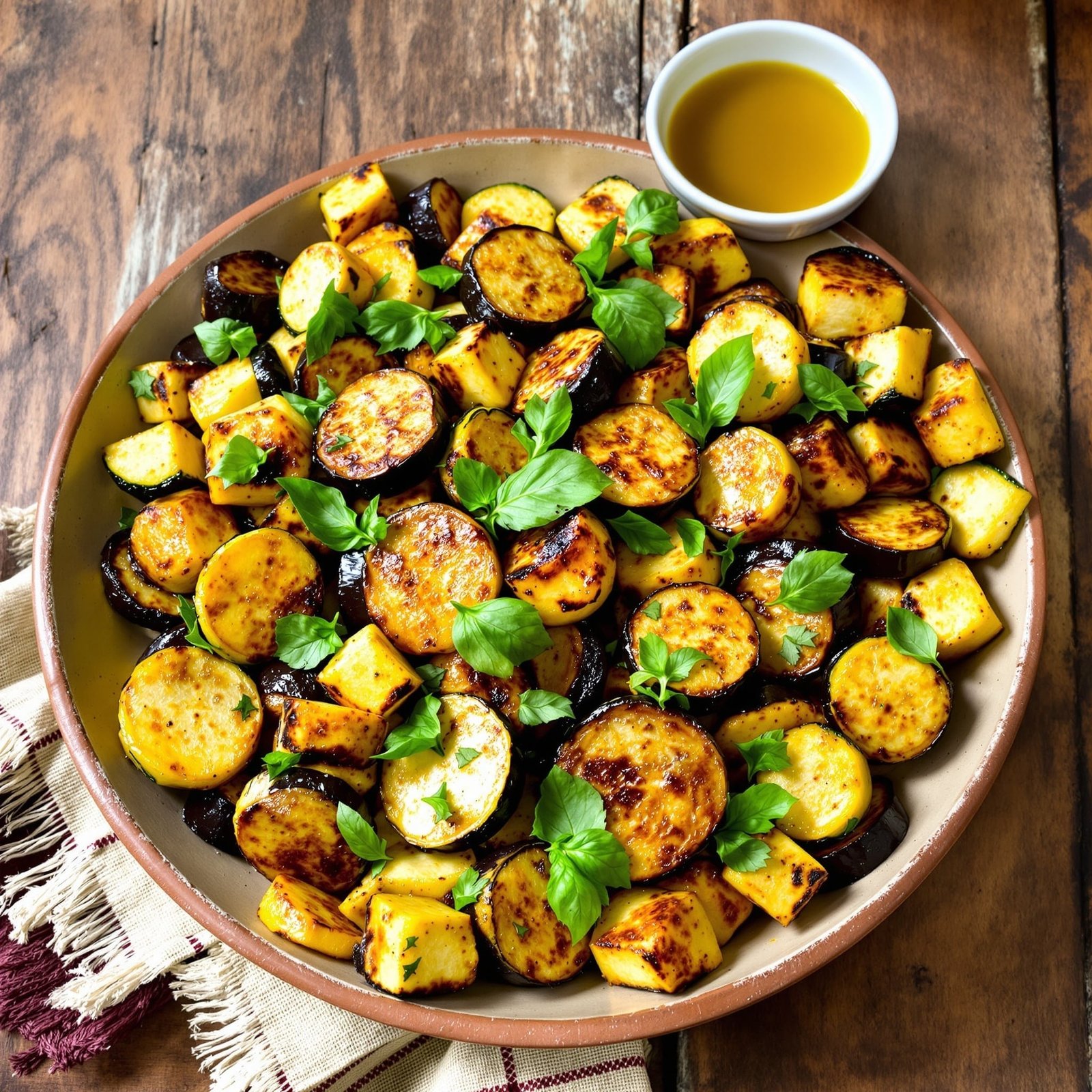 A vibrant roasted zucchini and eggplant medley in a ceramic bowl, garnished with fresh basil, on a rustic wooden table.