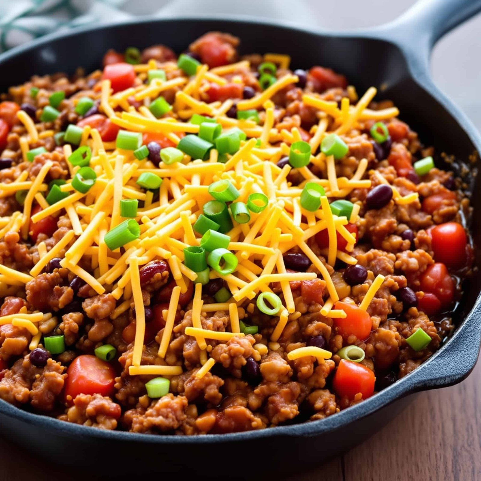 A cast iron skillet filled with ground beef chili topped with melted cheese and green onions, showcasing a warm, hearty meal.