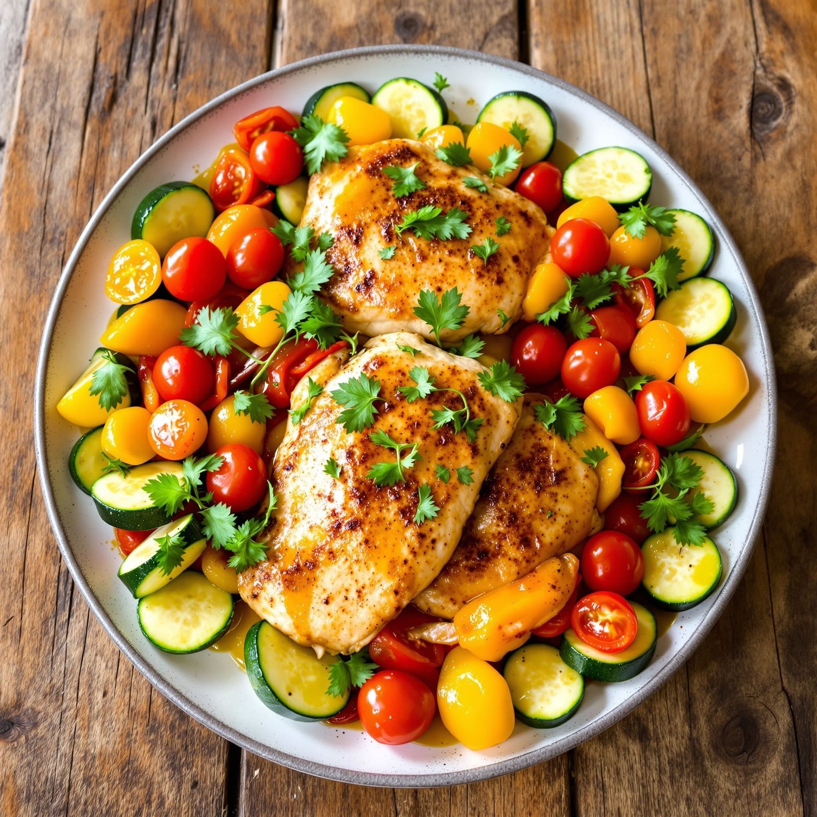 Mediterranean chicken bake with zucchini, bell peppers, and cherry tomatoes, garnished with parsley on a wooden table.