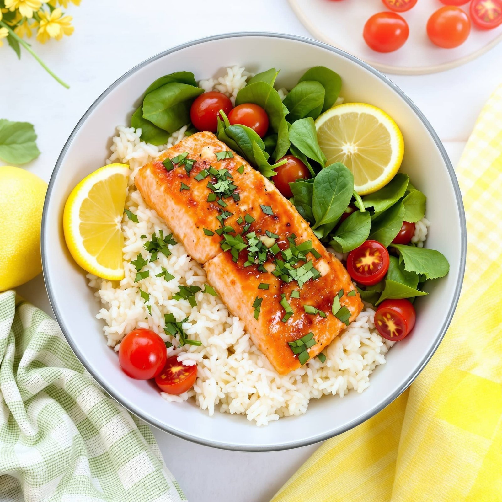 A colorful lemon garlic salmon bowl with rice, cherry tomatoes, spinach, and lemon wedges garnished with parsley.