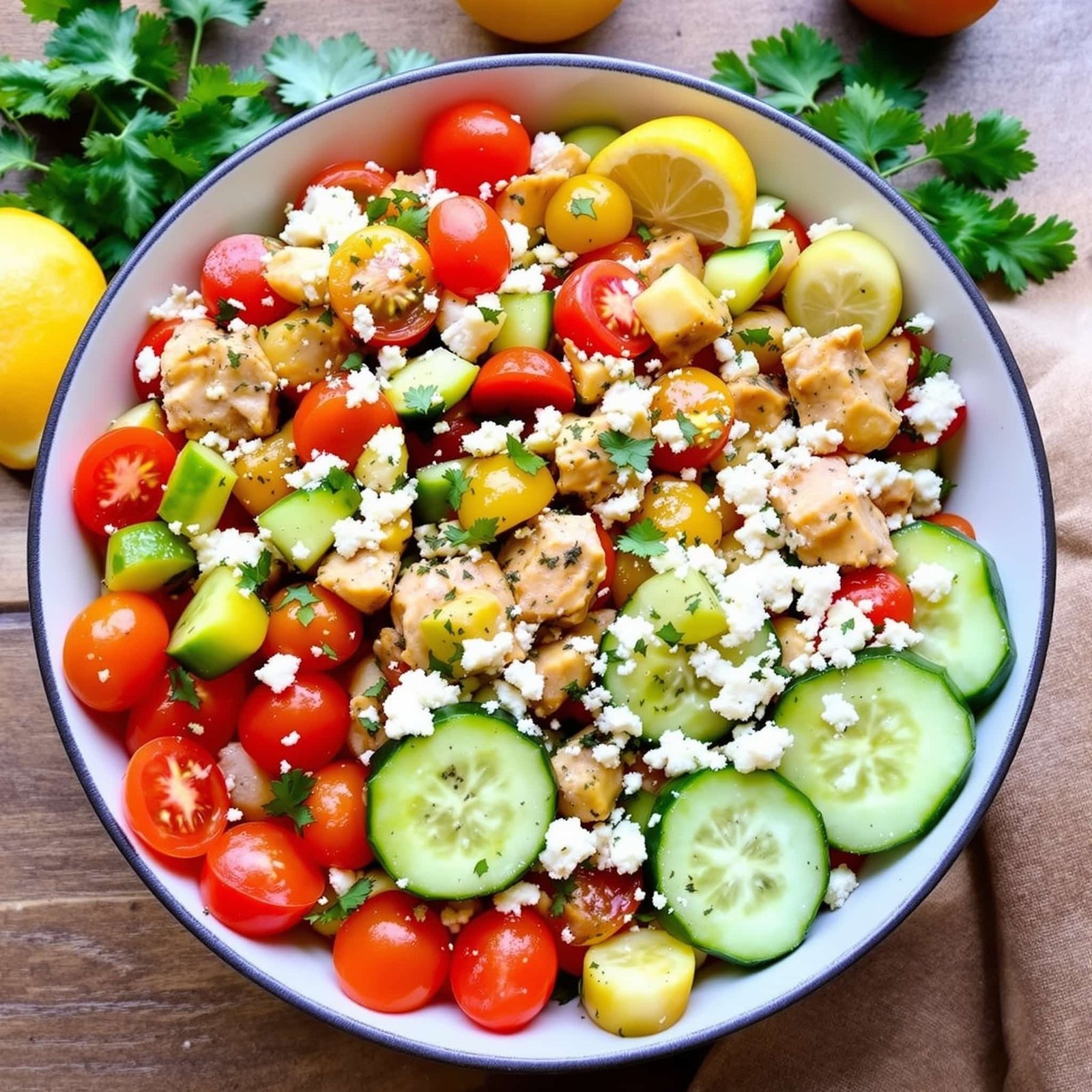 A vibrant Mediterranean Tuna Salad with tomatoes, cucumbers, red onions, olives, and feta cheese in a bowl.