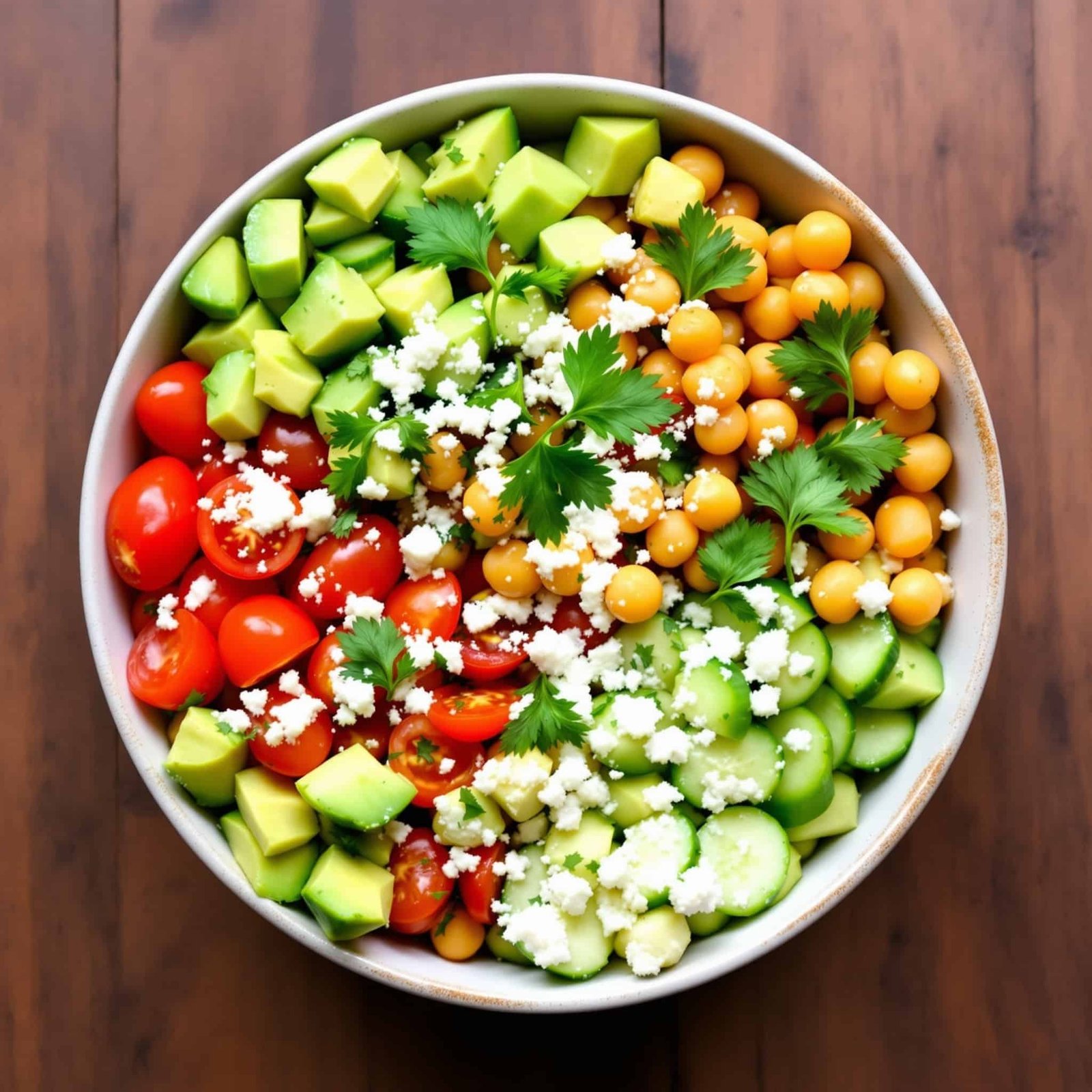 A healthy Mediterranean bowl featuring chickpeas, avocado, cucumber, and tomatoes, garnished with parsley and feta.
