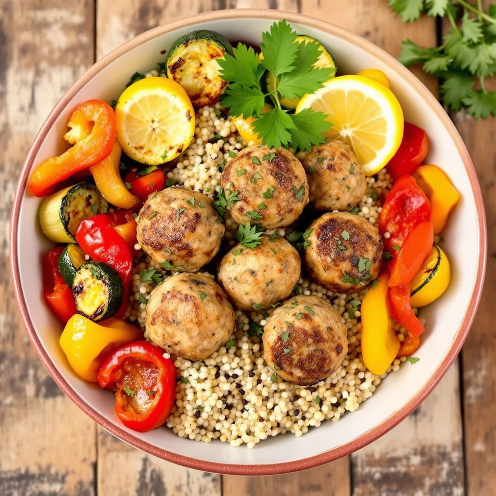 A healthy bowl of garlic herb turkey meatballs over quinoa with roasted vegetables on a rustic table.