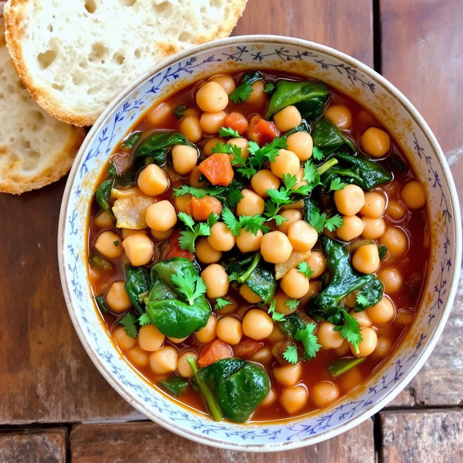 A bowl of Mediterranean Spinach and Chickpea Stew with spinach, chickpeas, garnished with parsley, on a rustic wooden table with bread.