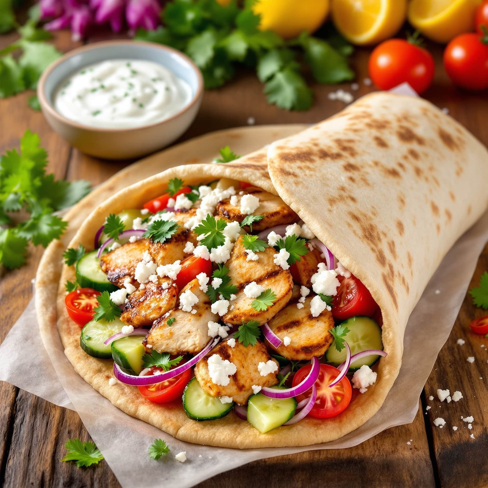 Greek chicken pita filled with chicken, cucumbers, tomatoes, onions, and feta cheese, served with tzatziki sauce.
