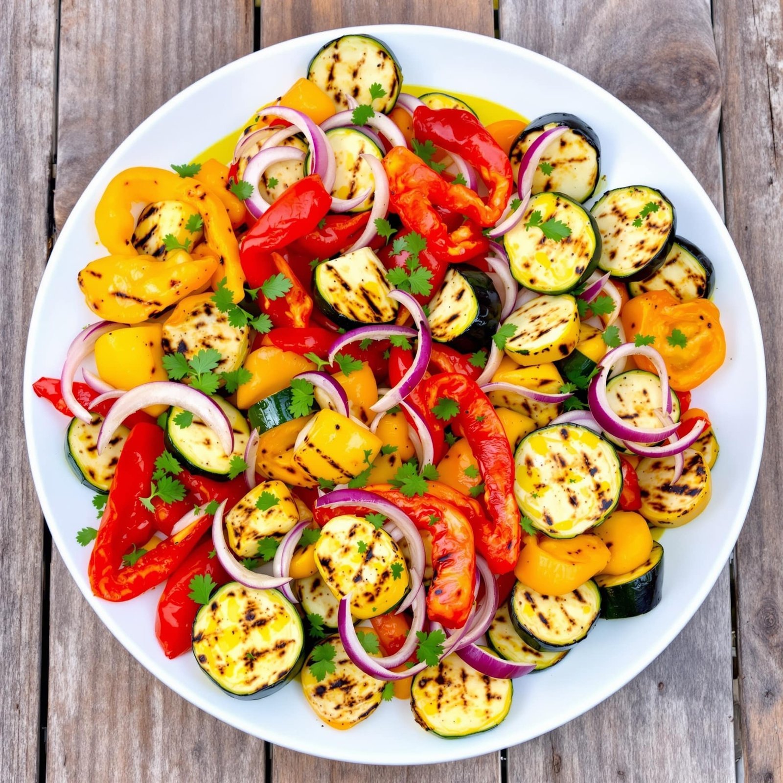 Grilled vegetable platter with bell peppers, zucchini, eggplant, and red onion on a rustic table.