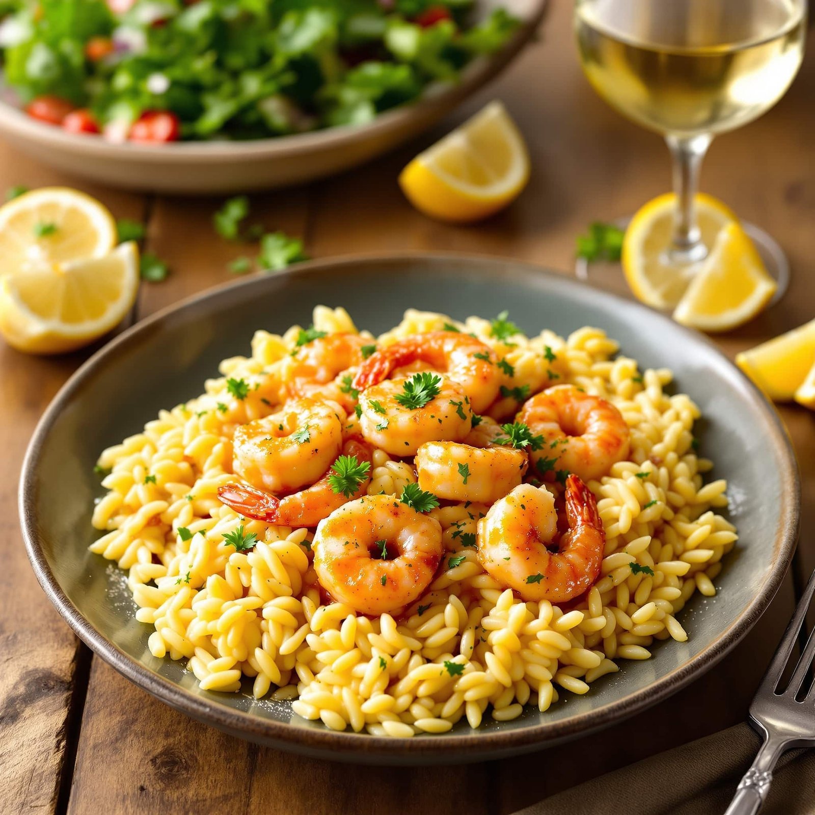 Lemon garlic shrimp over orzo pasta with parsley and lemon wedges on a rustic table.